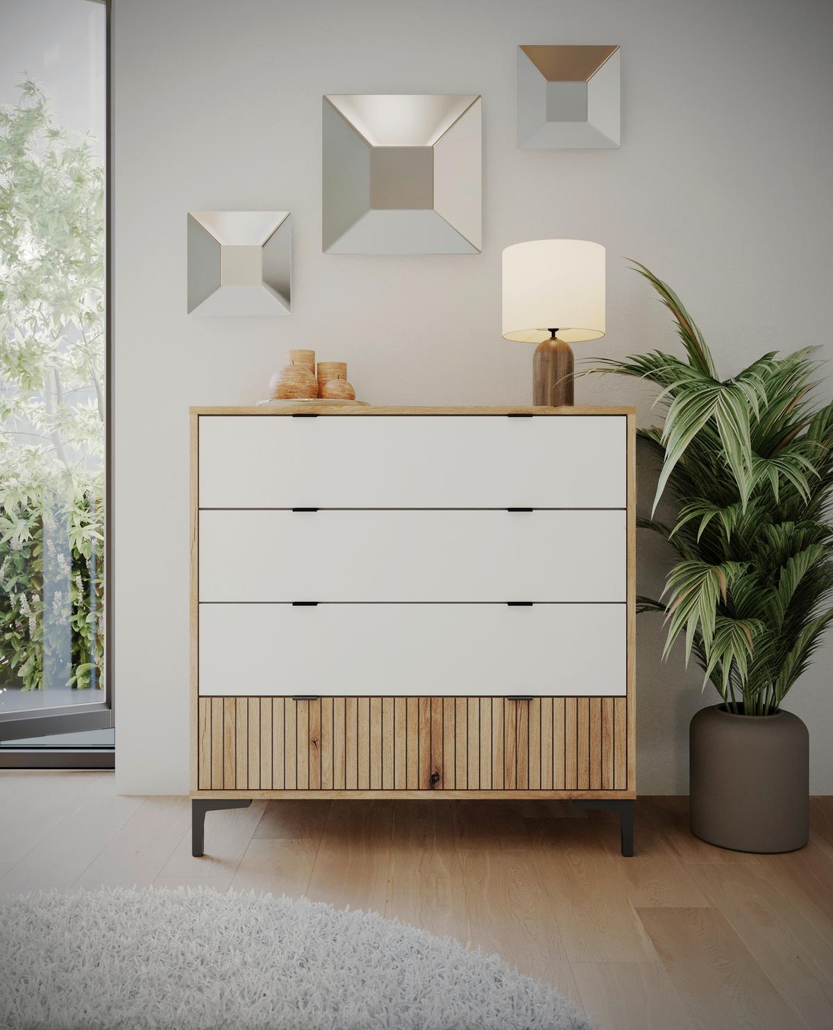 Komoda Ricko, Bela, Barva Hrasta - črna/barve hrasta, Trend, umetna masa/leseni material (91,5/92,4/40cm)