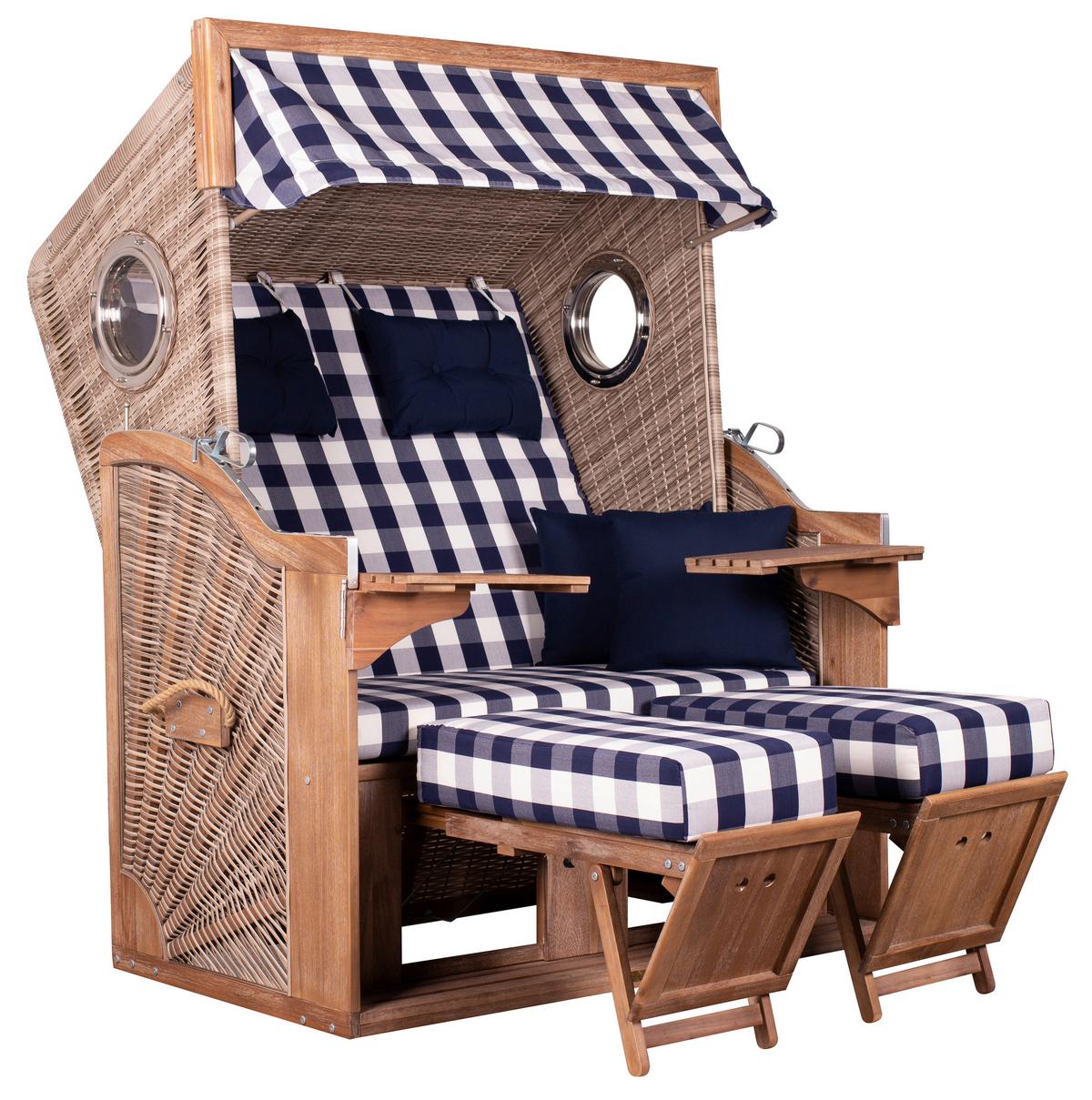 Strandkorb Greenline Akazie/Blau/Weiß - Akaziefarben, LIFESTYLE, Holz/Kunststoff (130/165/80cm)