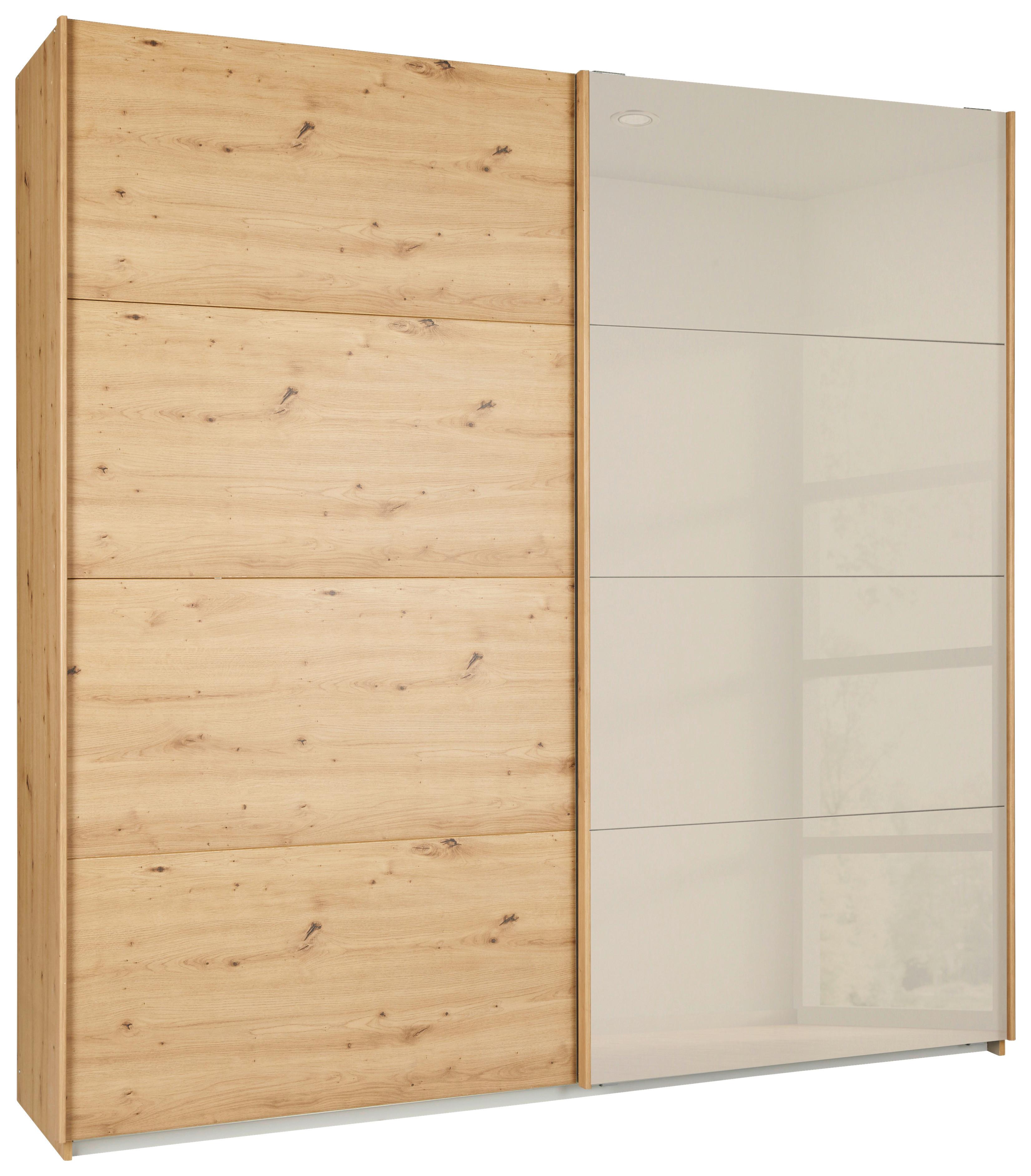 Tolóajtós Szekrény 2 Ajtós Quadra - Pezsgő/Artisan tölgy, Modern, faalapú anyag/Üveg (226/229/61cm)