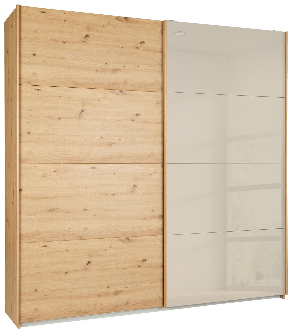 Tolóajtós Szekrény 2 Ajtós Quadra - Pezsgő/Artisan tölgy, Modern, faalapú anyag/Üveg (226/229/61cm)