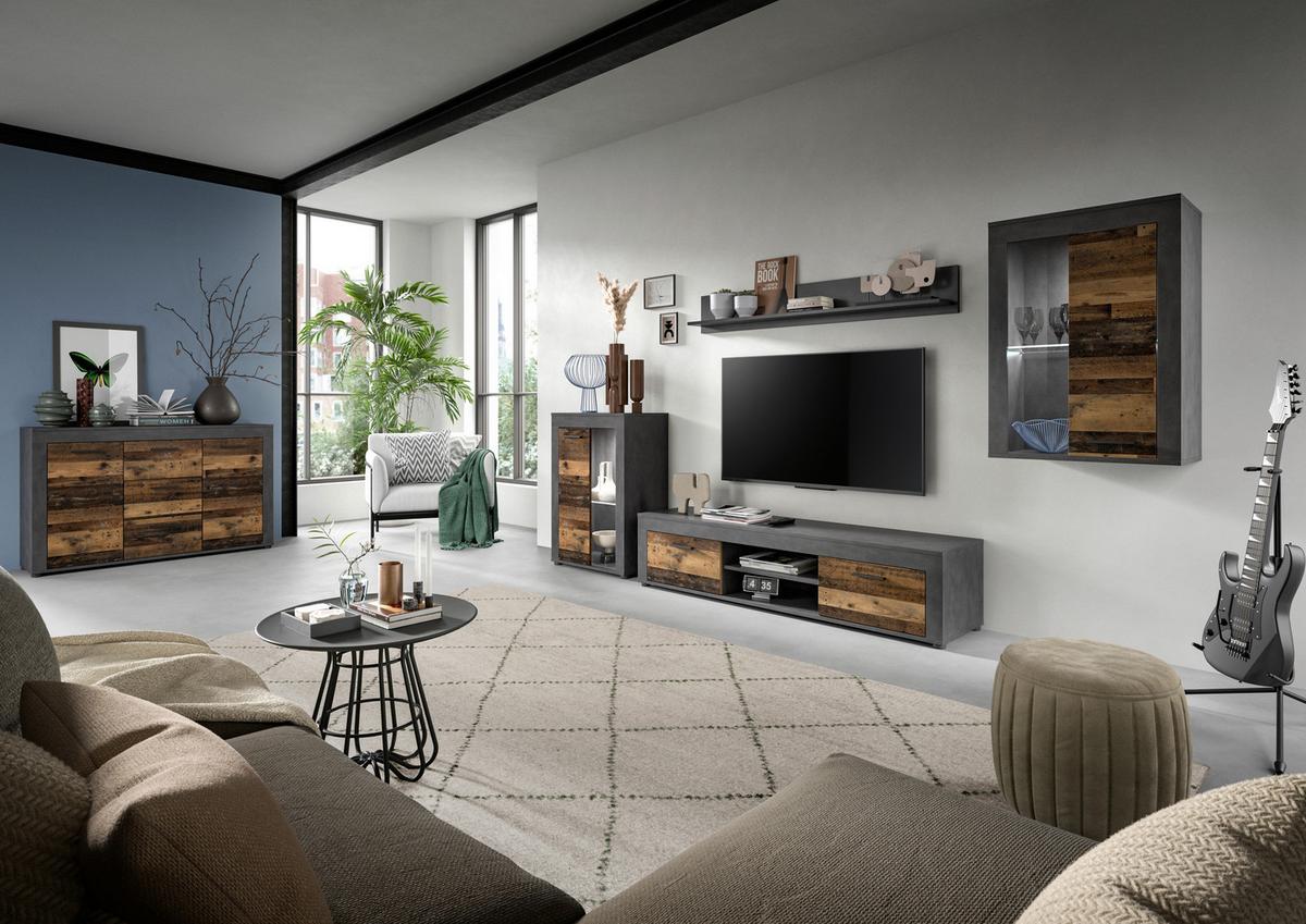 Ansamblu mobilier camera de zi JAM - culoare natur/gri, Design, sticlă/material pe bază de lemn (330/169/35cm) - Modern Living