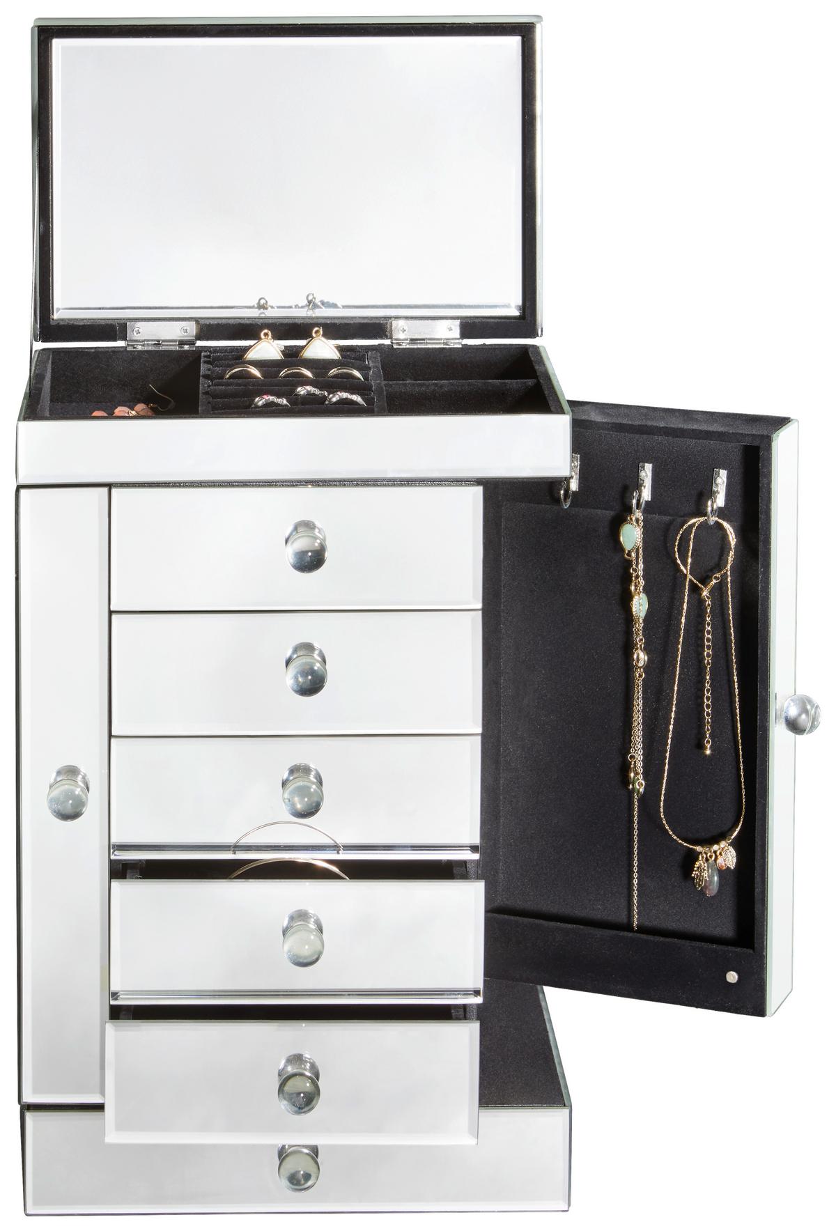 SZAFKA NA BIŻUTERIĘ PAMELA - kolor srebrny, Design, materiał drewnopochodny/szkło (26/41/18cm) - Xora