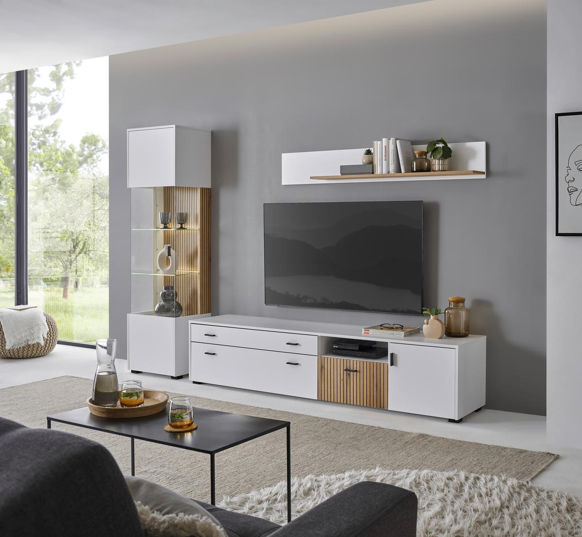 Wohnwand Hudson Weiß/Eichefarben - Eichefarben/Schwarz, Design, Glas/Holzwerkstoff (258/180/42cm) - MID.YOU