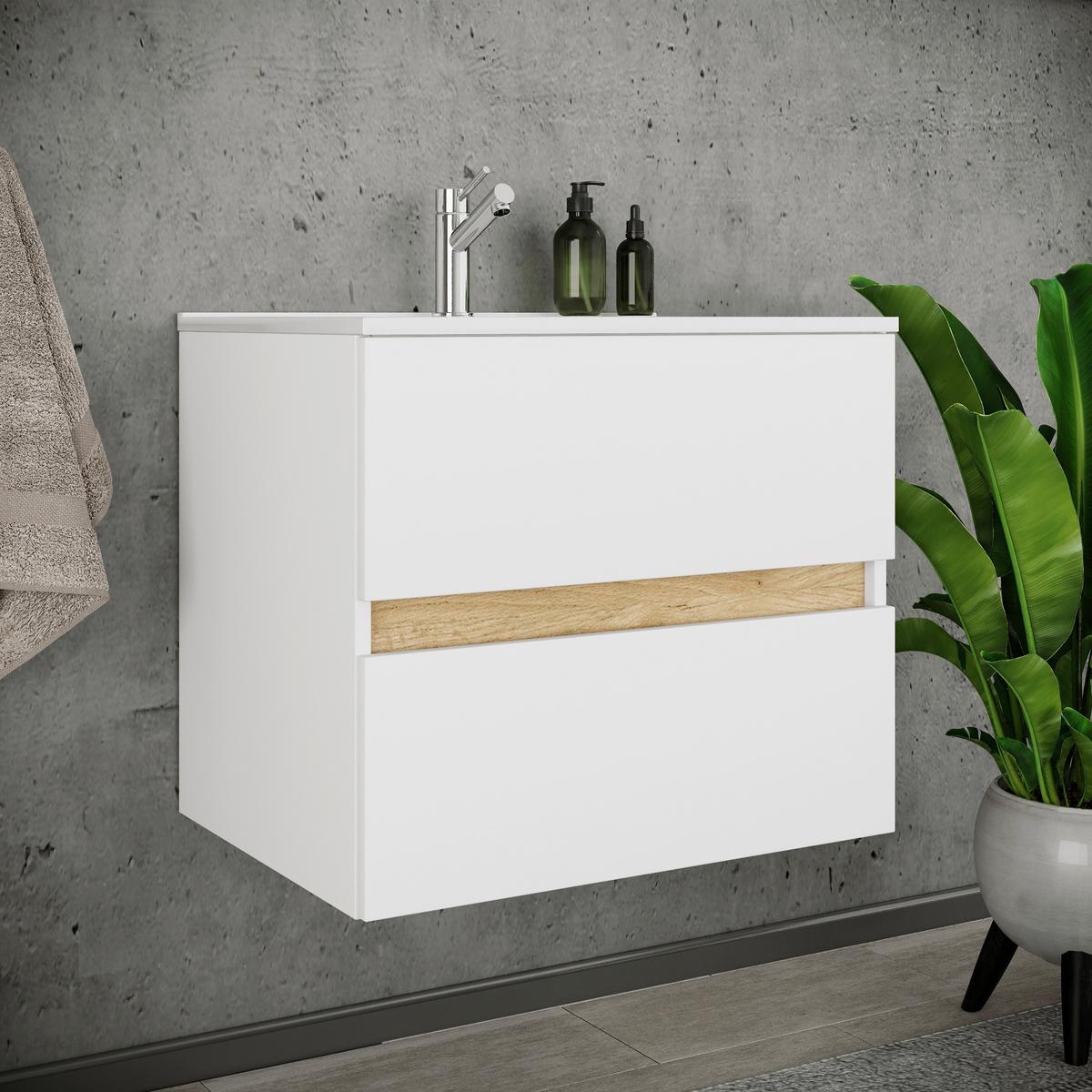 Badezimmer Cosila - Honigeiche/Weiss, Trend, Keramik/Holzwerkstoff (61/51/47cm) - MID.YOU