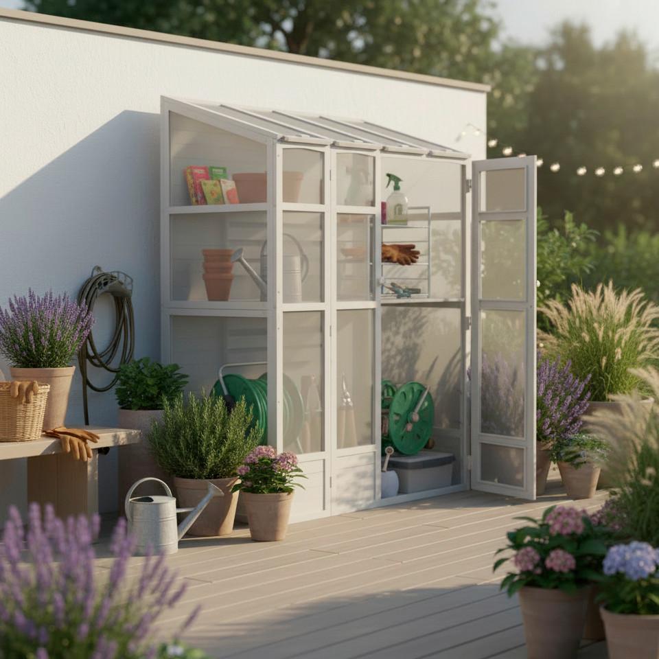 Gartenschrank Erin Weiß Echtholz/Kunststoff - Weiß, MODERN, Holz/Kunststoff (147/195/74cm) - Bessagi Garden