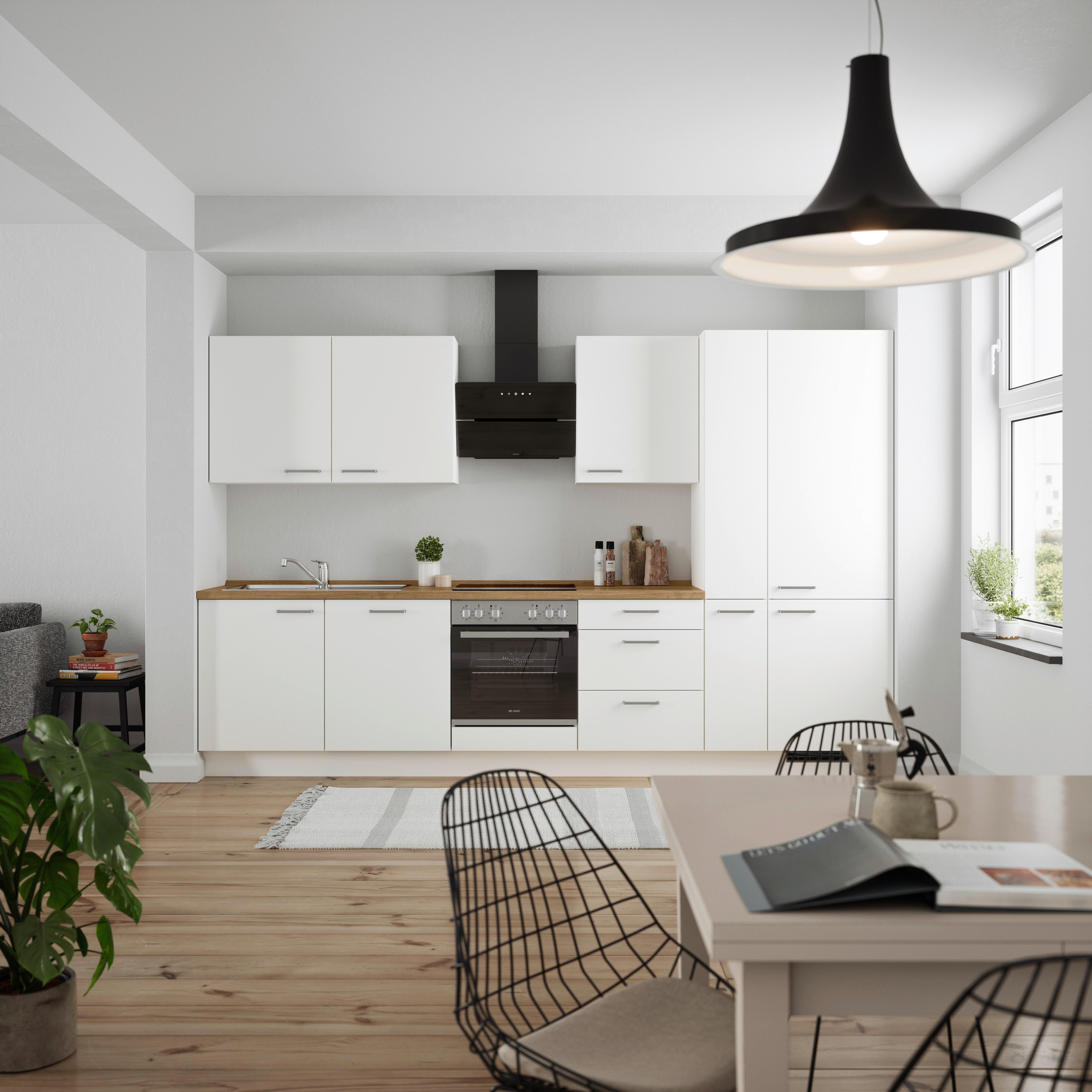 Küchenblock Touch High m. Geräten Weiß - Edelstahlfarben/Eichefarben, MODERN, Holzwerkstoff/Metall (330cm) - Nobilia