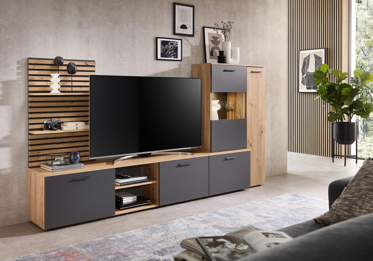 Dnevni Regal Heathrow, Barva Hrasta, Antracit - črna/antracit, Design, umetna masa/steklo (250/135/38cm) - MID.YOU