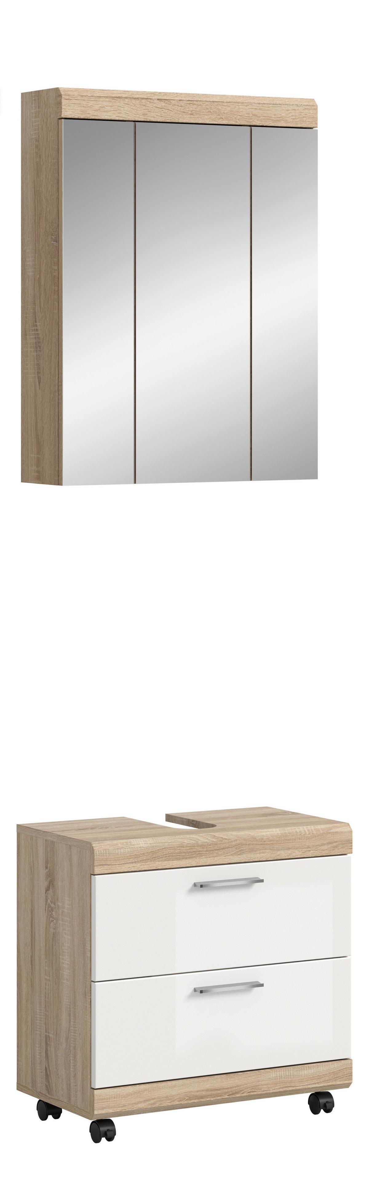 Badezimmer Lambada Sonoma Eiche/Weiß HG 2-teilig - Weiß Hochglanz/Silberfarben, Trend, Glas/Holzwerkstoff (60cm) - MID.YOU