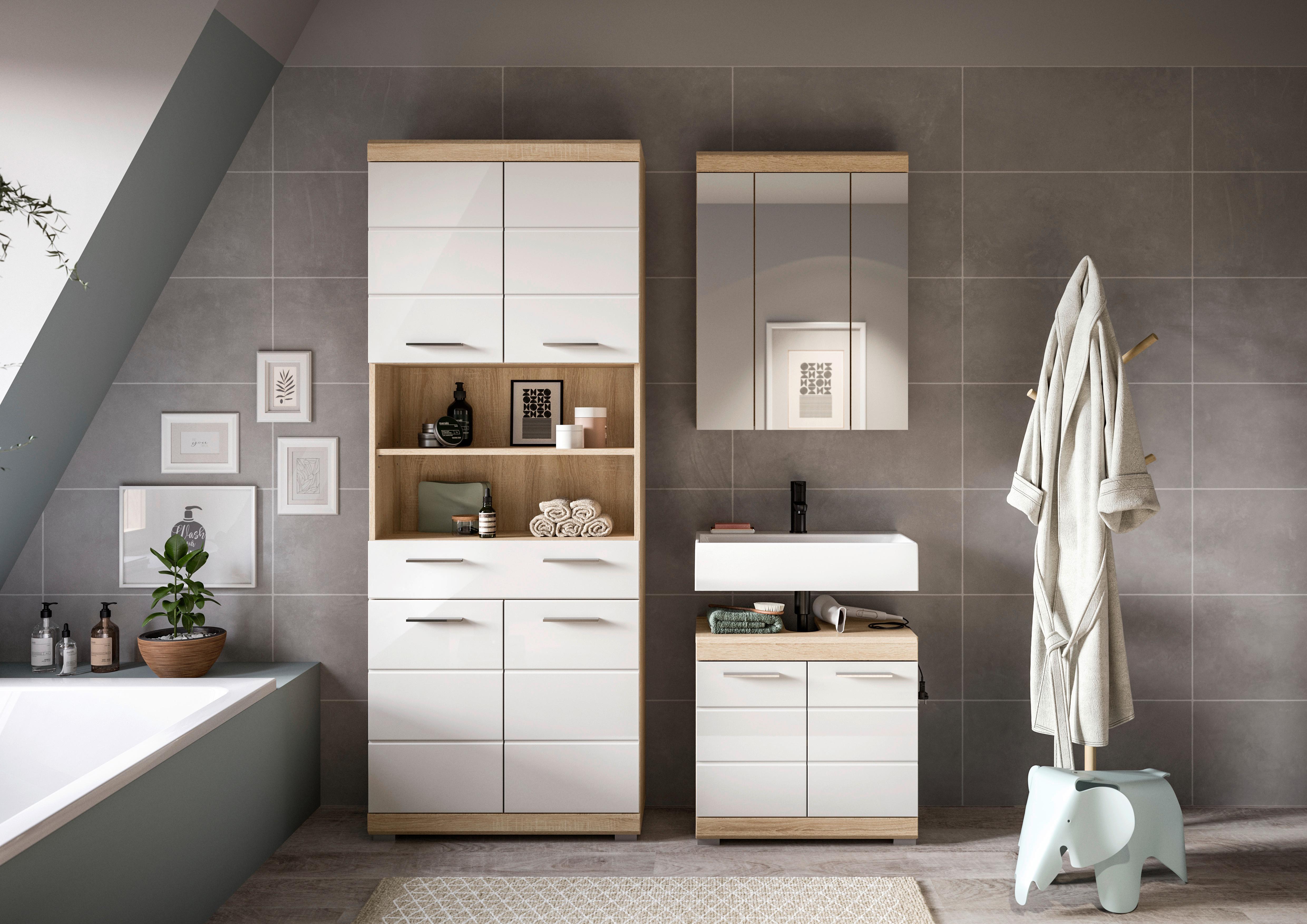 Badezimmer Lambada 3-tlg. ca. 134 cm Eiche/Weiß - Chromfarben/Weiß Hochglanz, Basics, Holzwerkstoff/Kunststoff (134cm) - MID.YOU