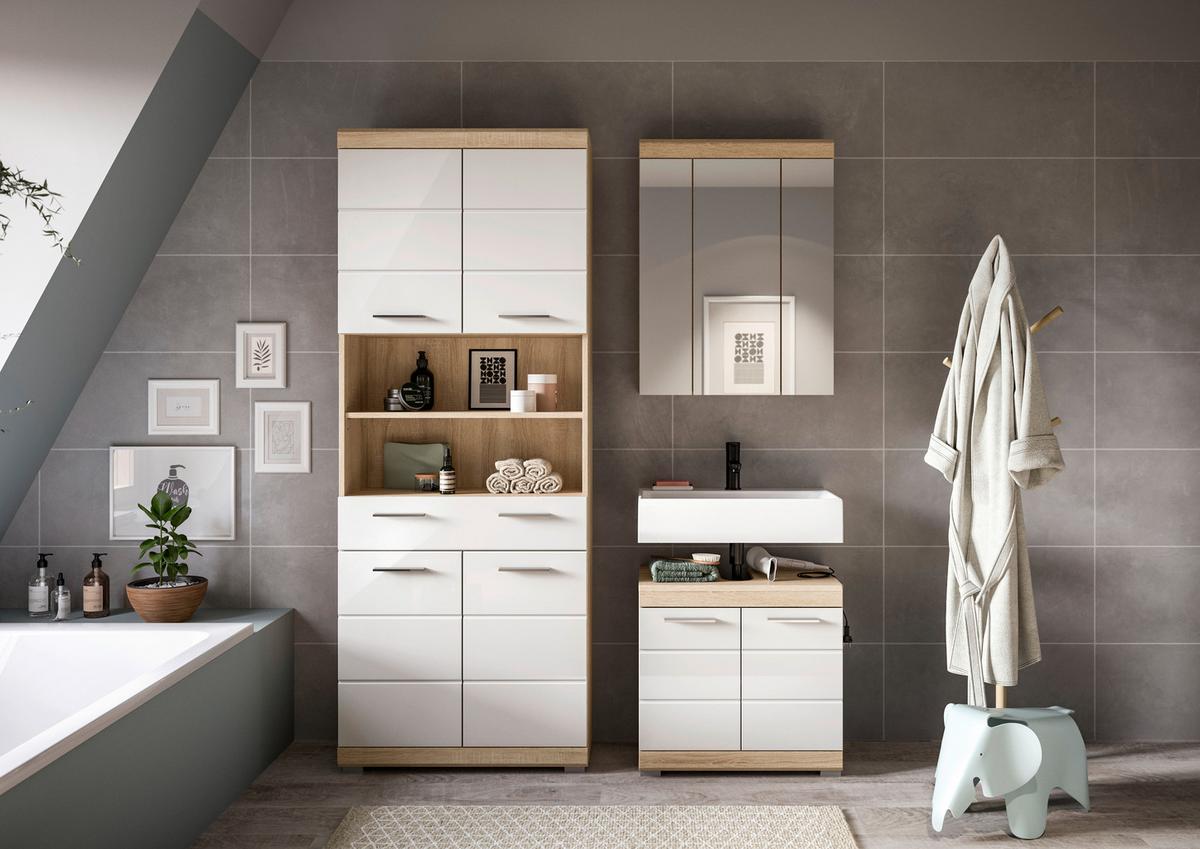 Badezimmer Lambada 3-tlg. ca. 134 cm Eiche/Weiß - Chromfarben/Weiß Hochglanz, Basics, Holzwerkstoff/Kunststoff (134cm) - MID.YOU