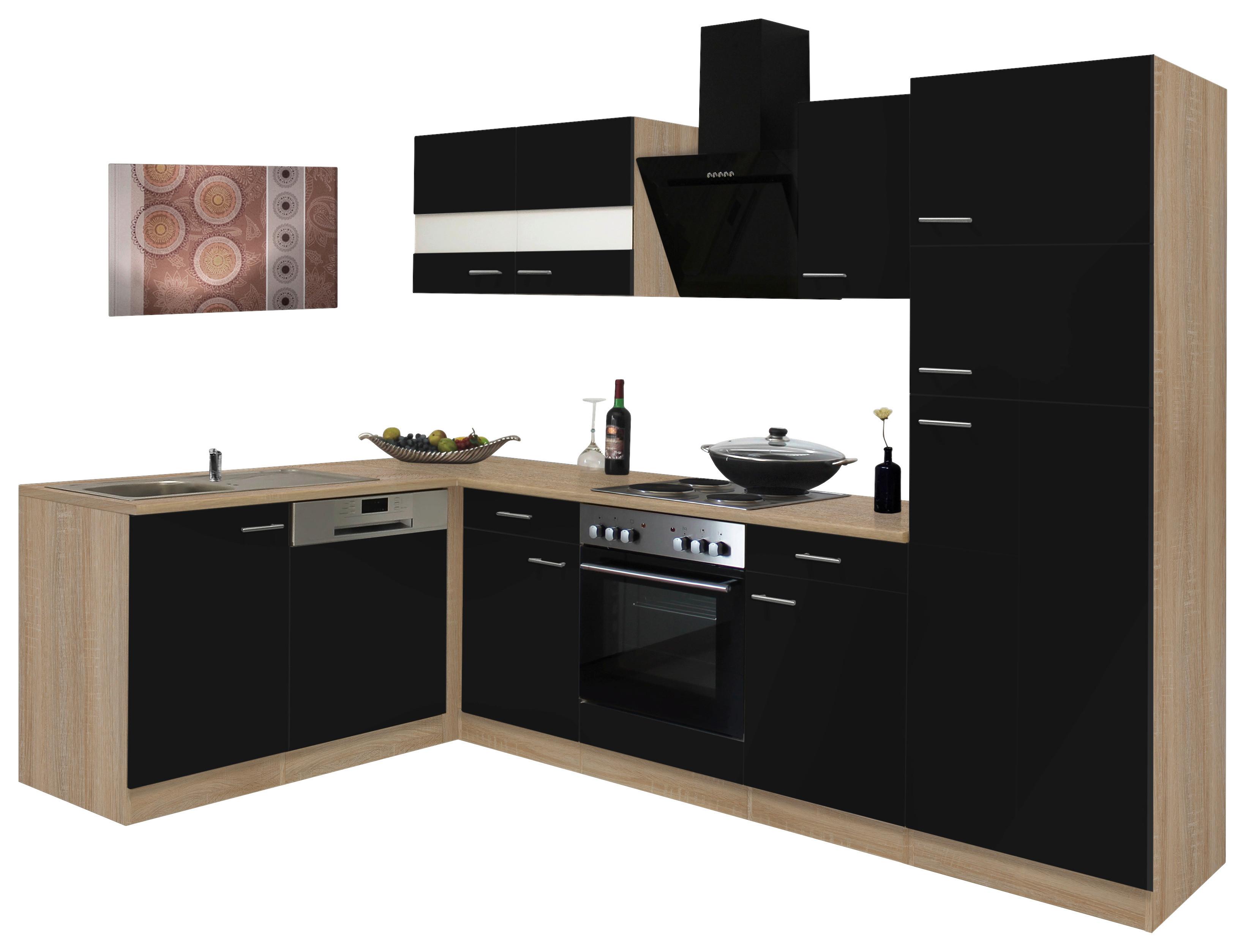 Eckküche Economy Schwarz/Eiche mit Geräte ca. 172x280 cm - Eichefarben/Schwarz, Basics, Glas/Holzwerkstoff (172/280cm) - Respekta