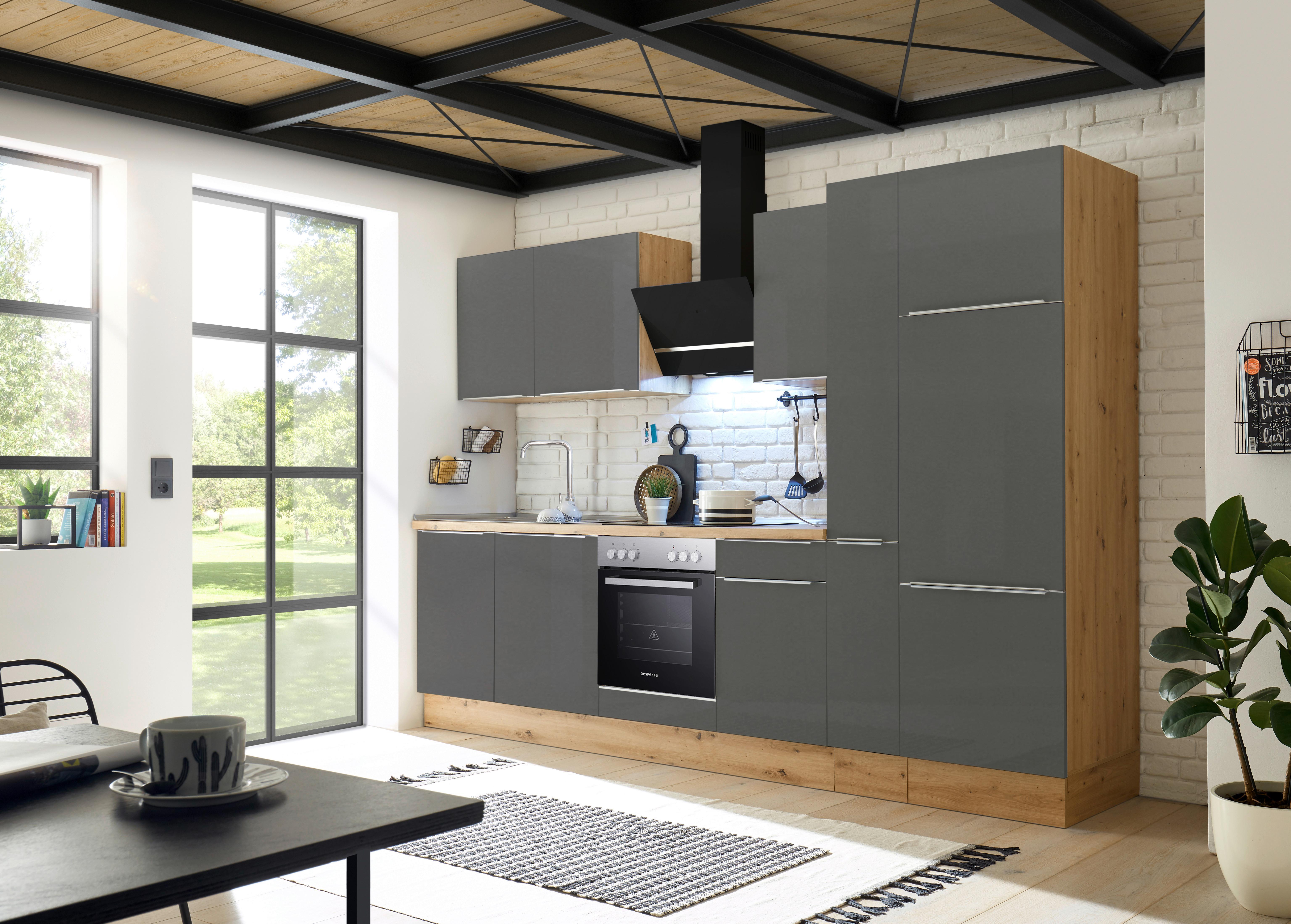 Küchenblock Marleen m. Geräten Grau B: ca. 310 cm - Anthrazit/Alufarben, LIFESTYLE, Holzwerkstoff/Kunststoff (310cm) - Respekta