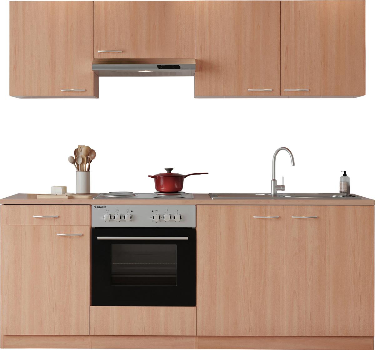 Küchenblock Gerda mit Geräten ca. 210 cm Buchefarben - Buchefarben/Alufarben, Basics, Holzwerkstoff/Kunststoff (210cm) - Respekta