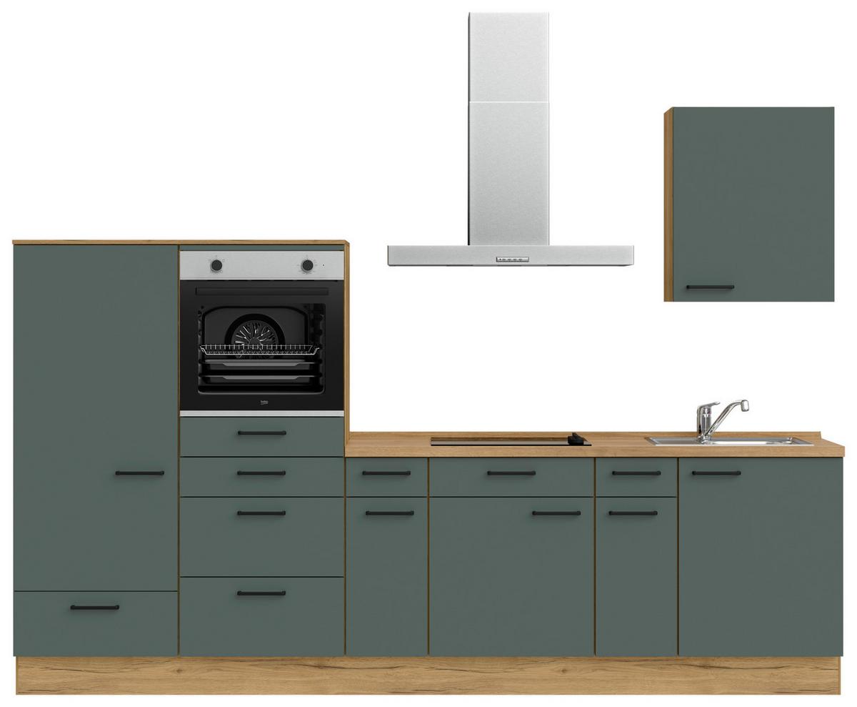 Küchenblock Easytouch m. Geräten Dunkelgrün - Dunkelgrün/Eichefarben, MODERN, Holzwerkstoff/Metall (300cm) - Nobilia