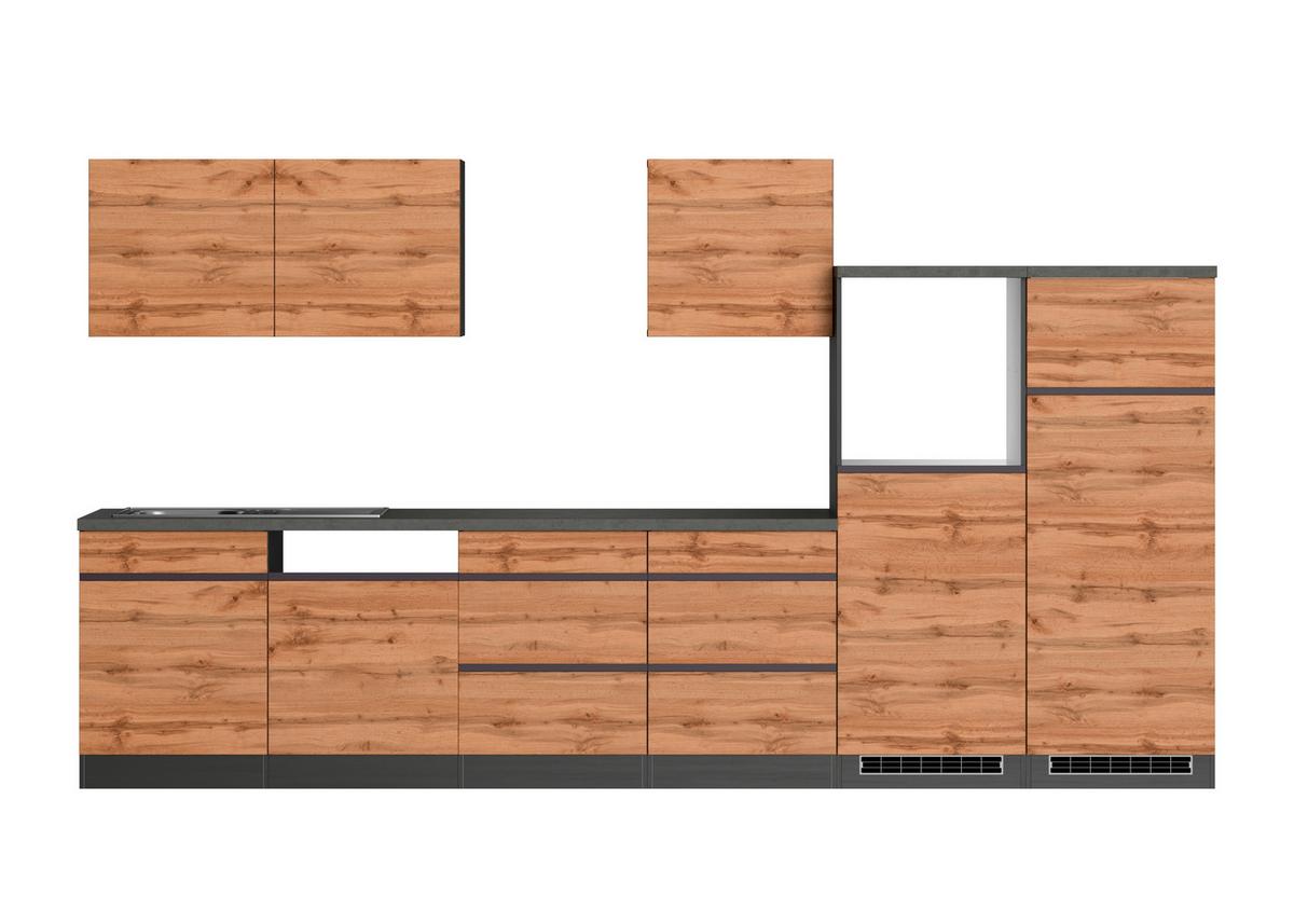 Küchenzeile Turin ohne Geräte ca. 360 cm Graphit/Eiche - Eiche Wotan/Graphitfarben, Design, Holzwerkstoff (360cm) - Held