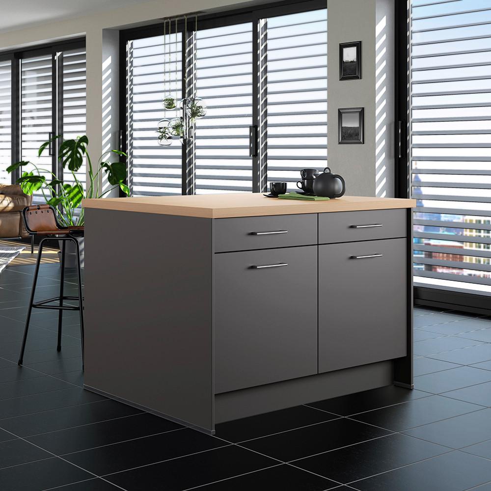 Kücheninsel IP1200 o. Geräte Graphitfarben - Edelstahlfarben/Eichefarben, Basics, Holzwerkstoff/Metall (123,4/91,8/96,6cm) - Impuls