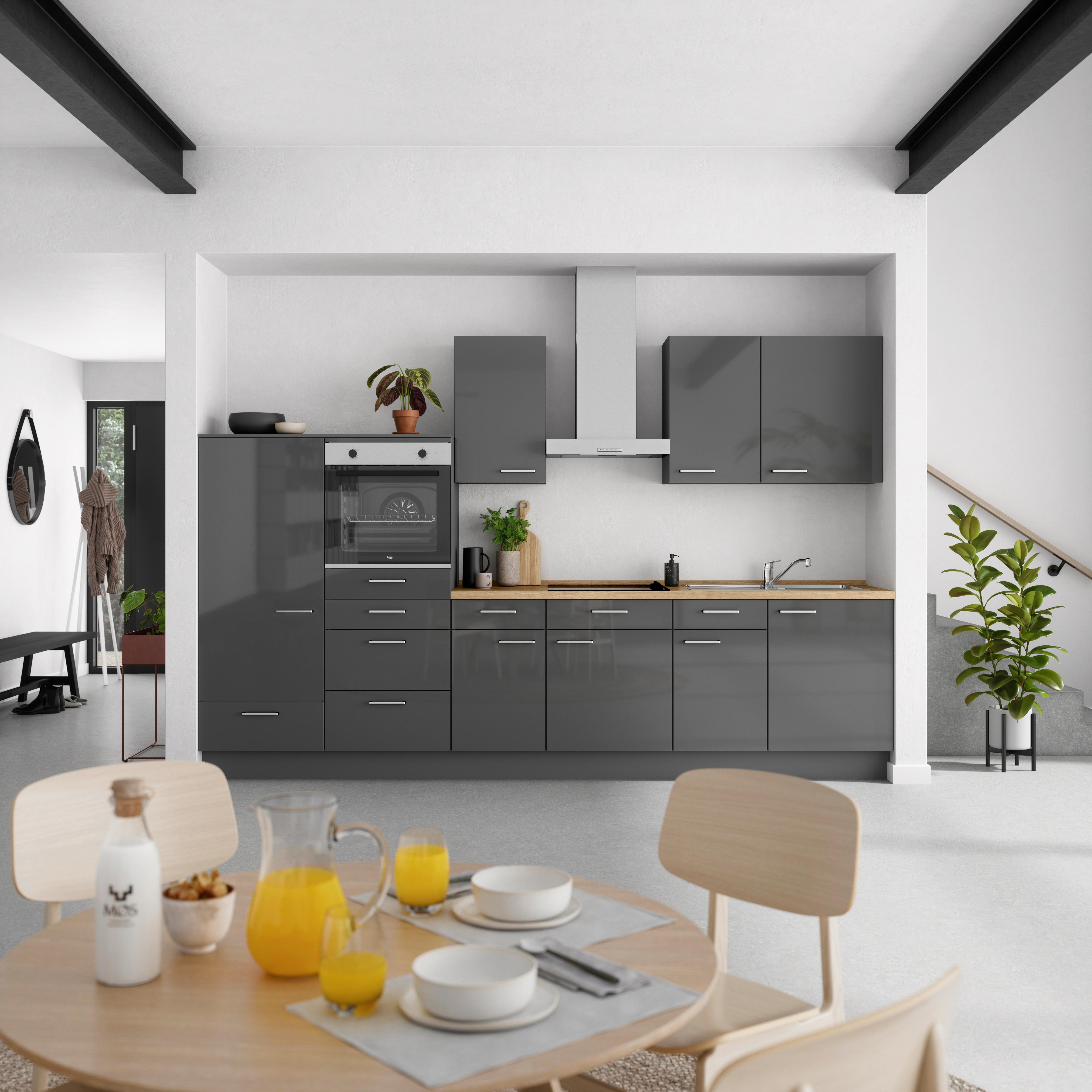 Küchenblock Flash Low m. Geräten Schieferfarben - Schieferfarben/Edelstahlfarben, MODERN, Holzwerkstoff/Metall (330cm) - Nobilia