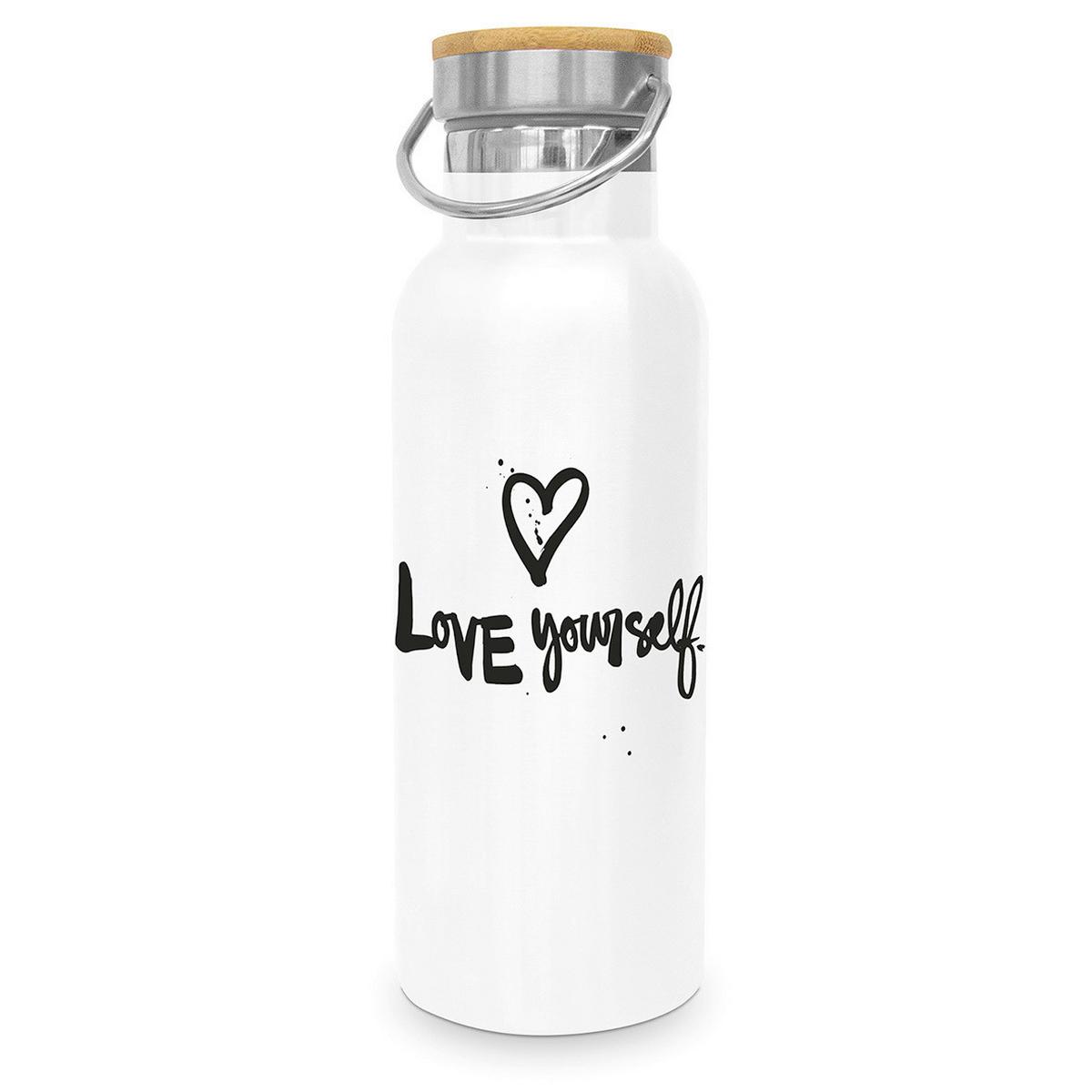 Thermosflasche Love yourself ca. 500ml - Schwarz/Weiß, Metall (22,5cm)