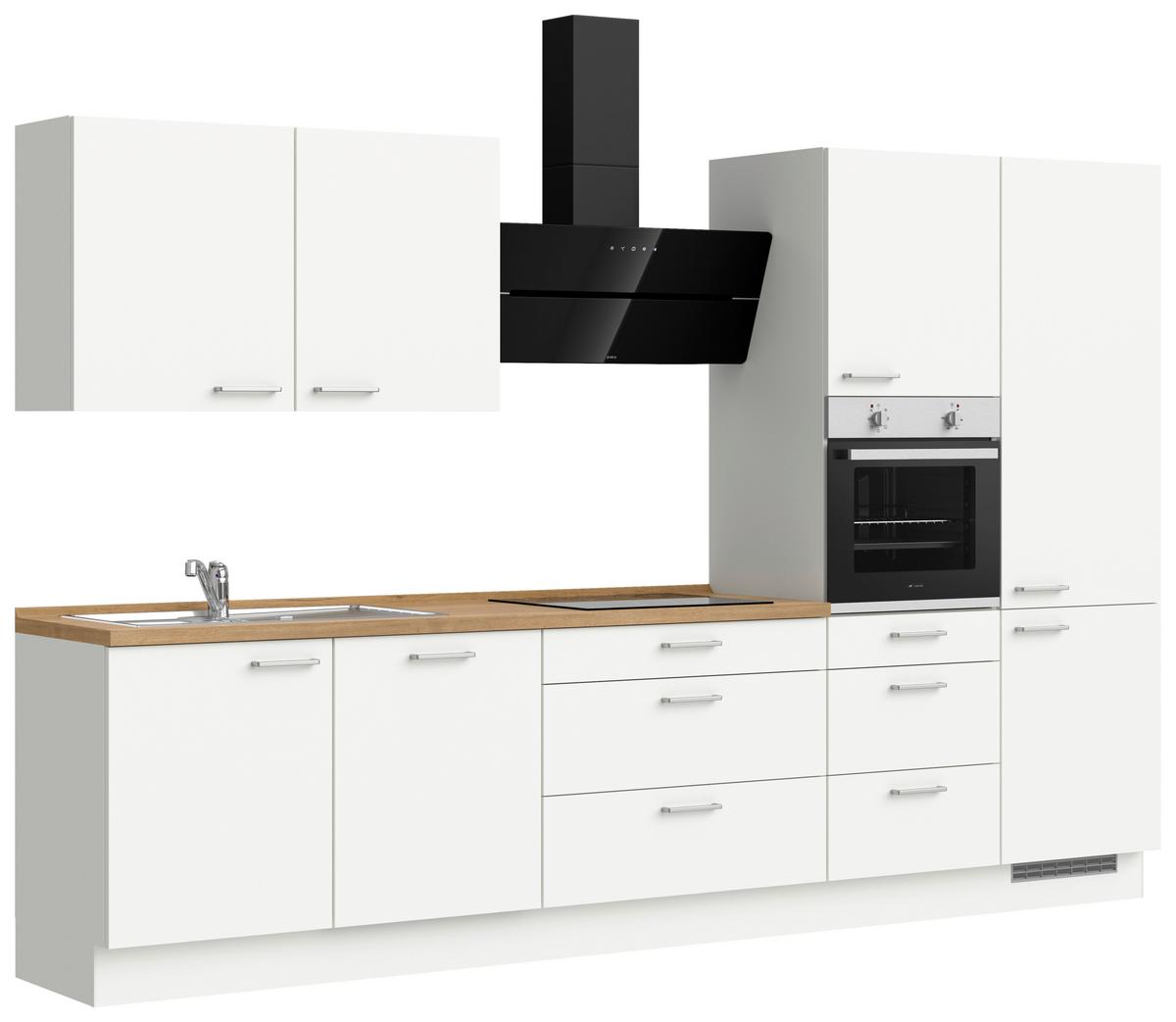 Küchenblock Touch High m. Geräten Weiß - Edelstahlfarben/Eichefarben, MODERN, Holzwerkstoff/Metall (330cm) - Nobilia