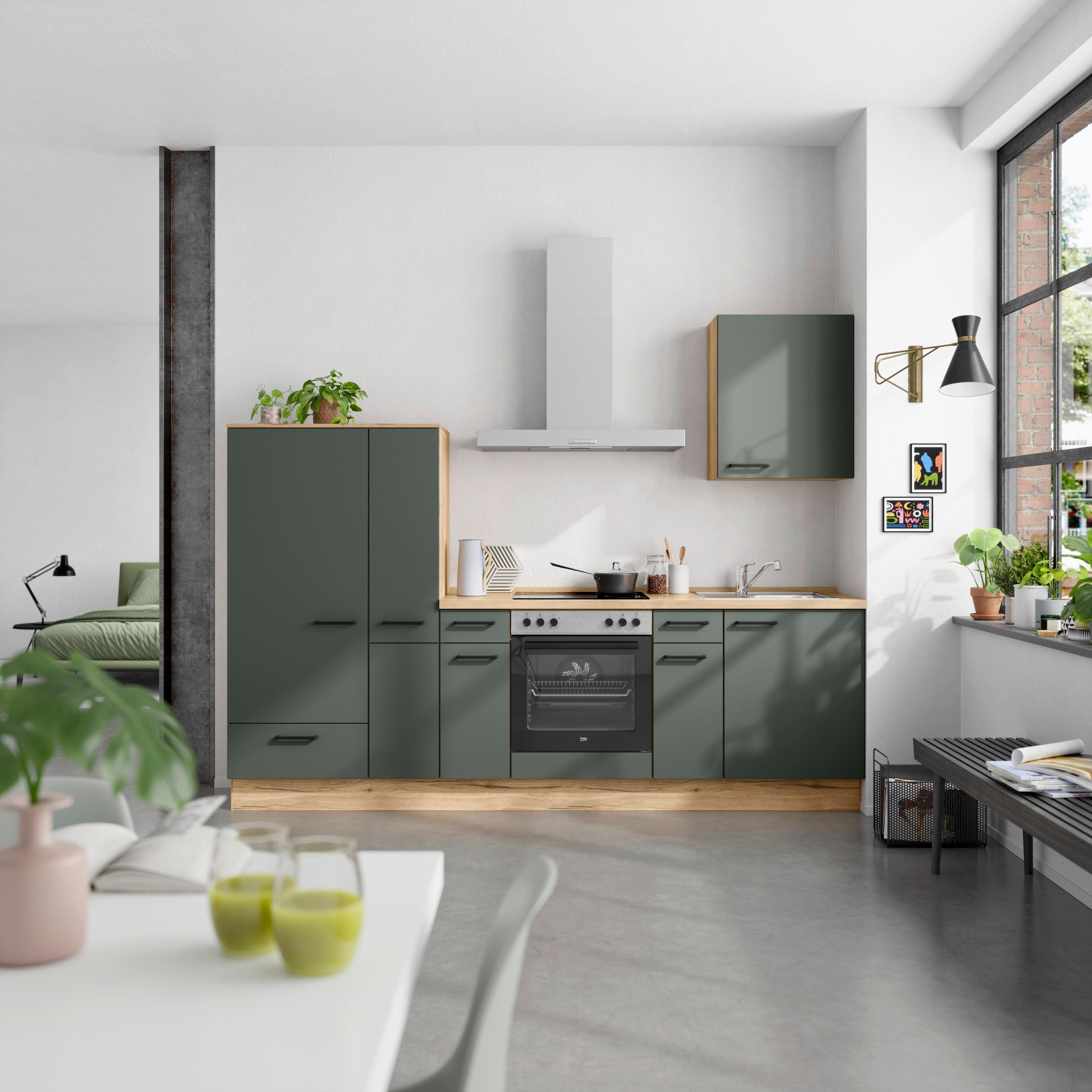 Küchenblock Easytouch Low m. Geräten Dunkelgrün - Dunkelgrün/Eichefarben, MODERN, Holzwerkstoff/Metall (270cm) - Nobilia