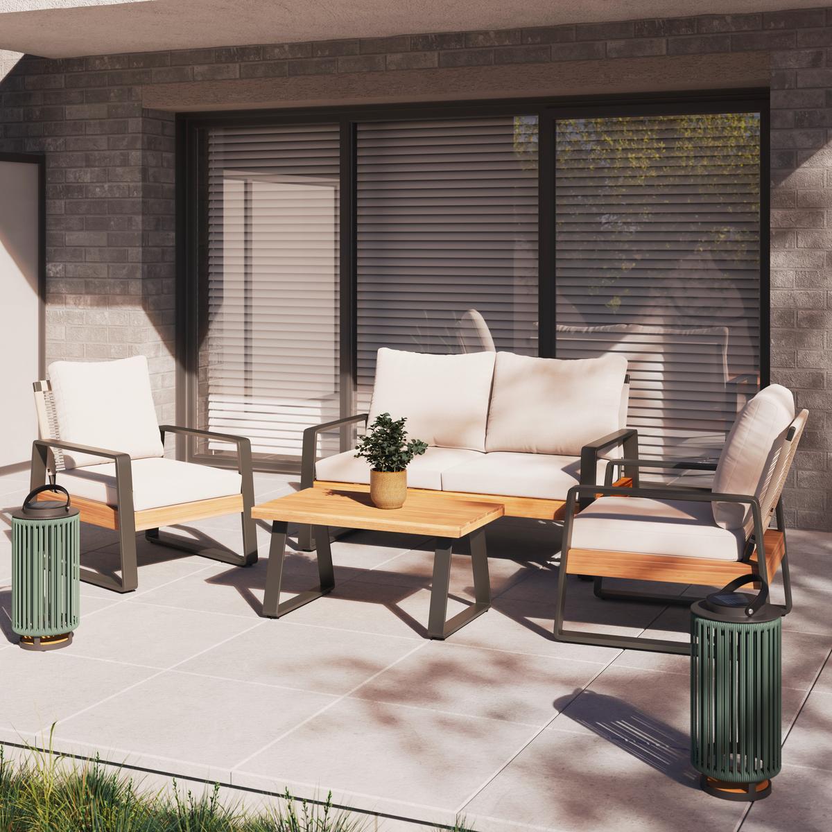 Loungegarnitur Alexa Creme Outdoorstoff/Metall +Abdeckung - Anthrazit/Creme, MODERN, Holz/Textil (150/81/85,5cm) - Bessagi Garden