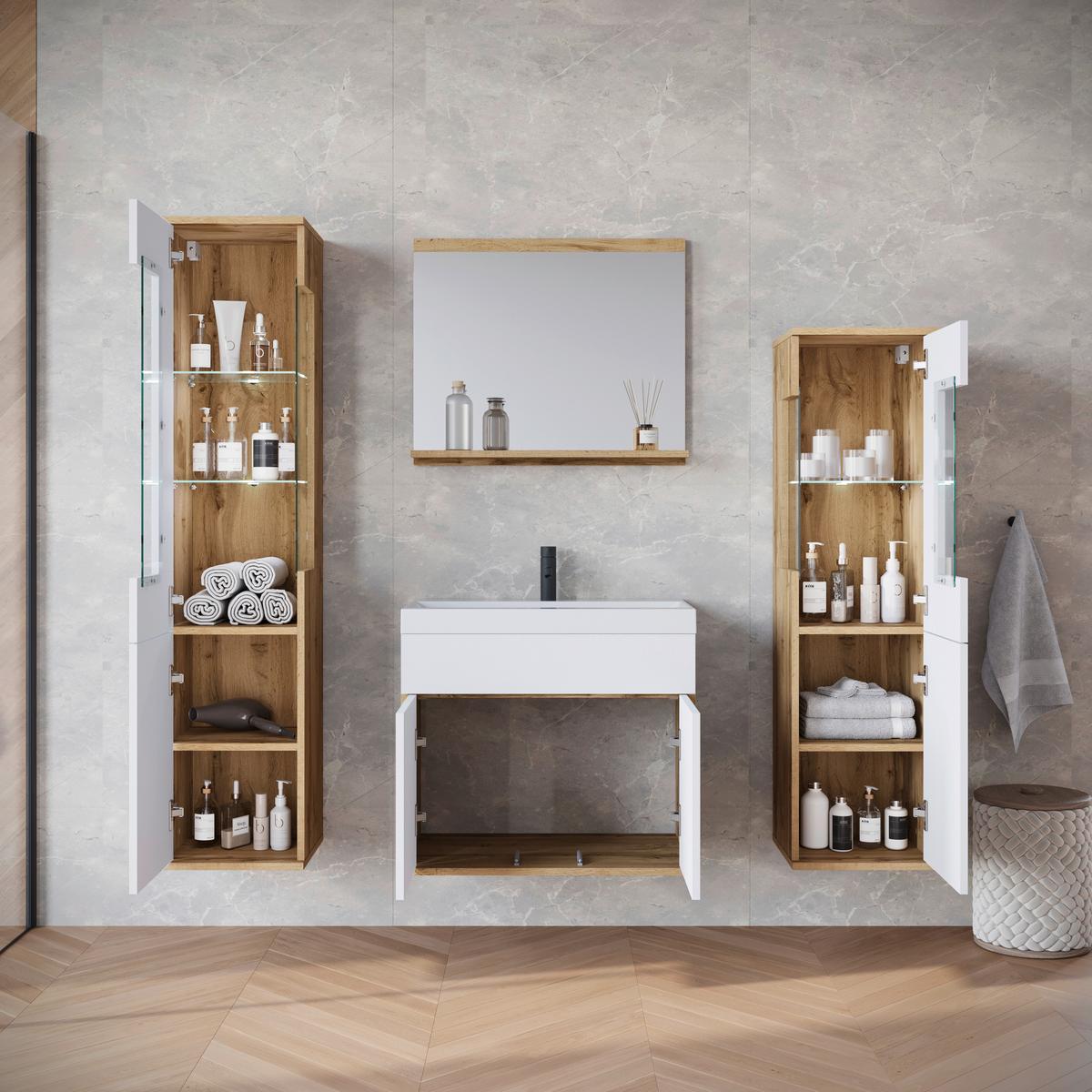 Badezimmer-Set Narobi 5-tlg. mit LED ca. 120 cm Eiche/Weiß - Weiß Hochglanz/Eiche Wotan, Trend, Glas/Keramik (120,4cm) - P & B