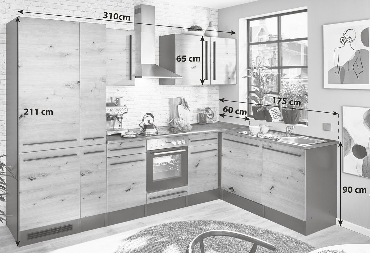 Eckküche Jazz mit Geräten ca.310x175cm Eiche/Anthrazit - Anthrazit/Schwarz, LIFESTYLE, Holzwerkstoff/Kunststoff (310/175cm) - P & B