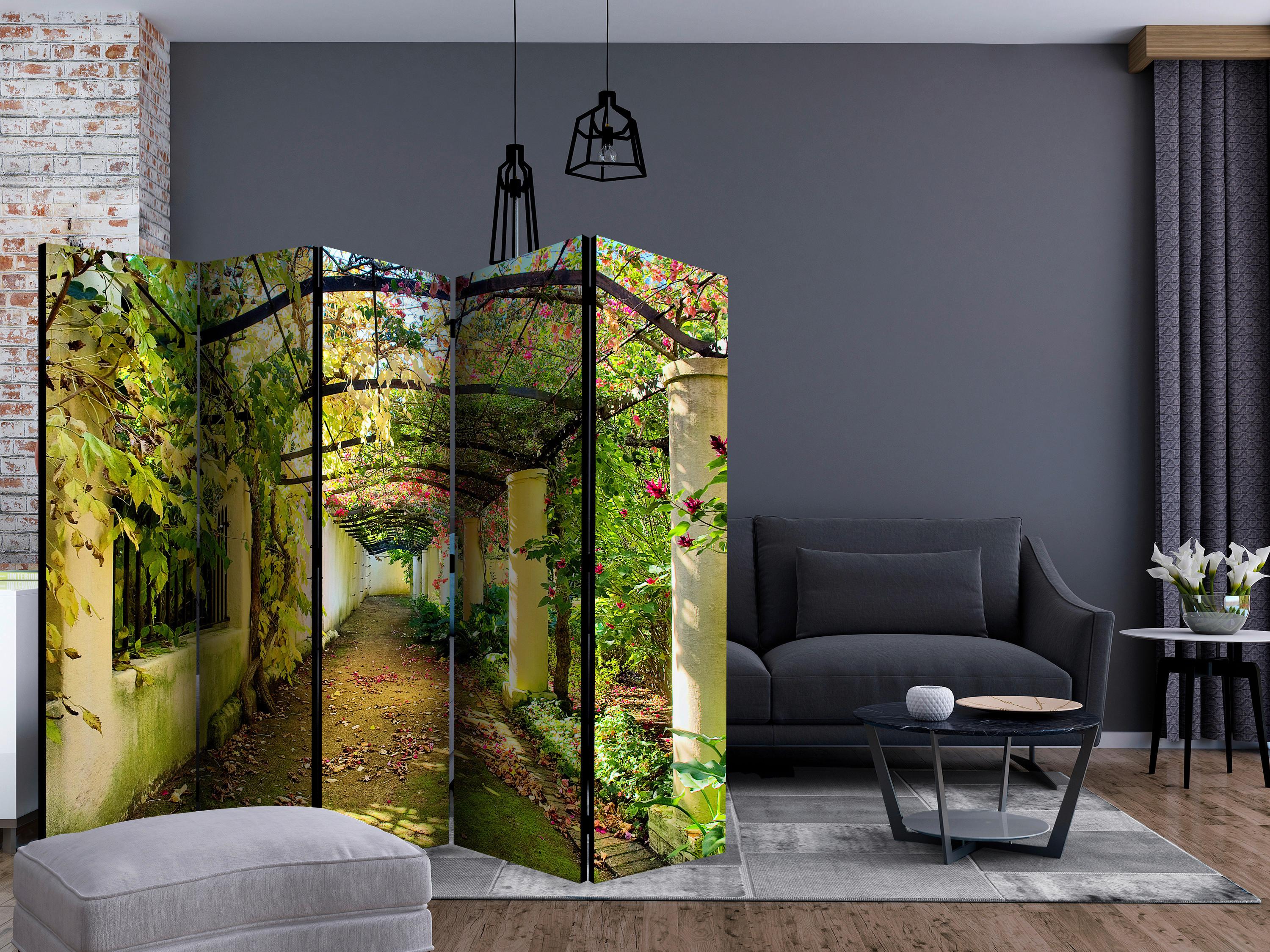Paravan Pergola I, 5-Delni, Dvostranski - bež/svetlo zelena, Basics, tekstil/les (225/172/3cm) - artgeist