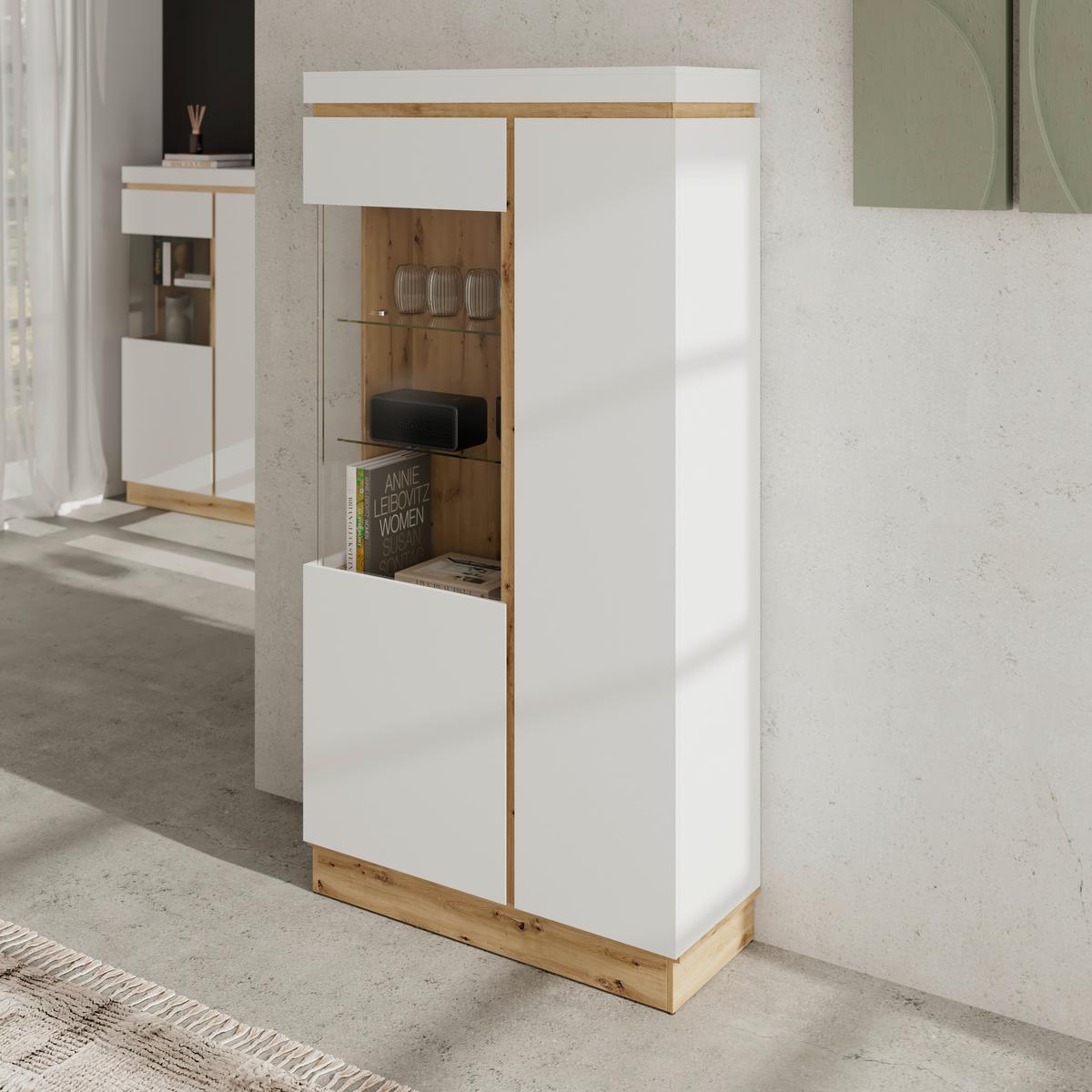 Vitrină CALABRIA - alb/culoare lemn stejar, Trend, sticlă/material pe bază de lemn (103,6/200,5/40cm) - Modern Living