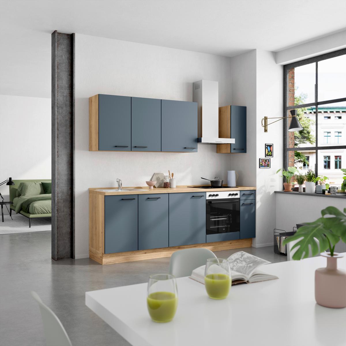 Küchenblock Easytouch Low m. Geräten Dunkelblau - Eichefarben/Schwarz, MODERN, Holzwerkstoff/Metall (240cm) - Nobilia