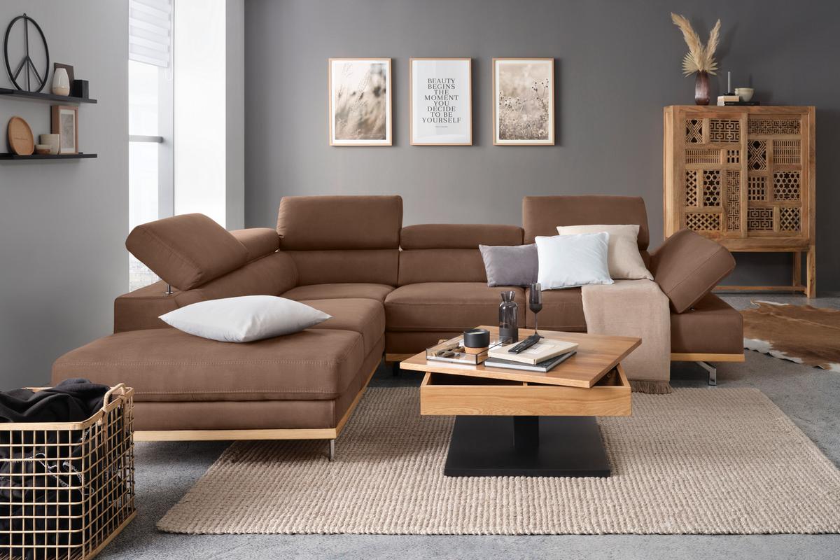 Wohnlandschaft Carmen Braun mit Bettfunktion - Chromfarben/Braun, KONVENTIONELL, Holz/Textil (226/93/292cm) - Based