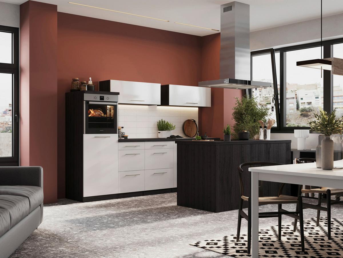 Inselküche Premium Weiß /Grau m. Geräten B: ca. 280cm - Weiß/Grau, Basics, Holzwerkstoff/Metall (280/160cm) - Respekta