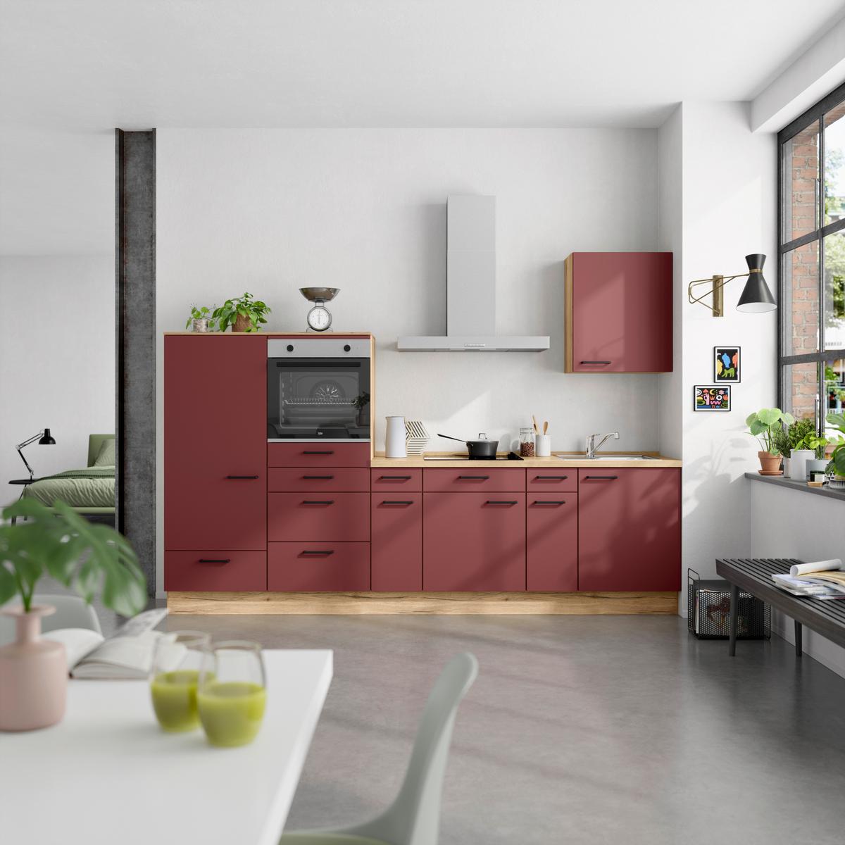 Küchenblock Easytouch Low m. Geräten Dunkelrot - Eichefarben/Schwarz, MODERN, Holzwerkstoff/Metall (300cm) - Nobilia