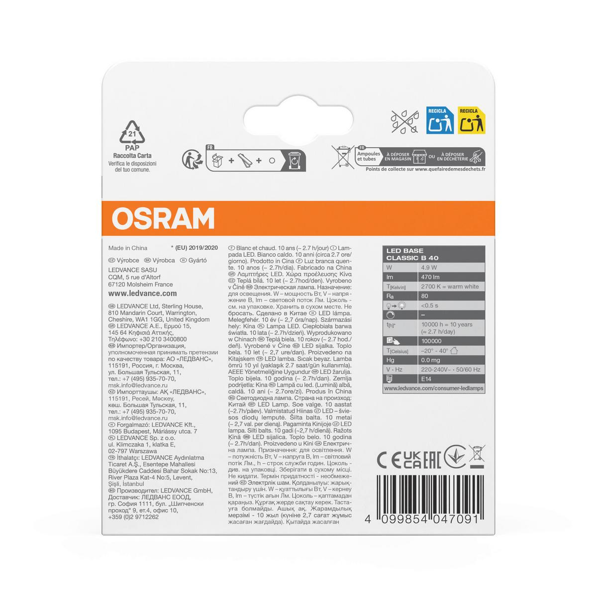 ŻARÓWKA LED BASECLB40 4,9W-827 FR - biały, Basics, tworzywo sztuczne (3,5/10,3cm) - Osram