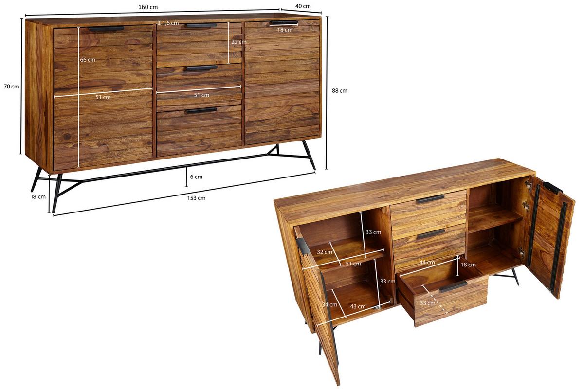 Komoda Nishan, Pravi Les - črna/barve indijskega rožnega lesa, Design, kovina/les (160/88/40cm) - MID.YOU