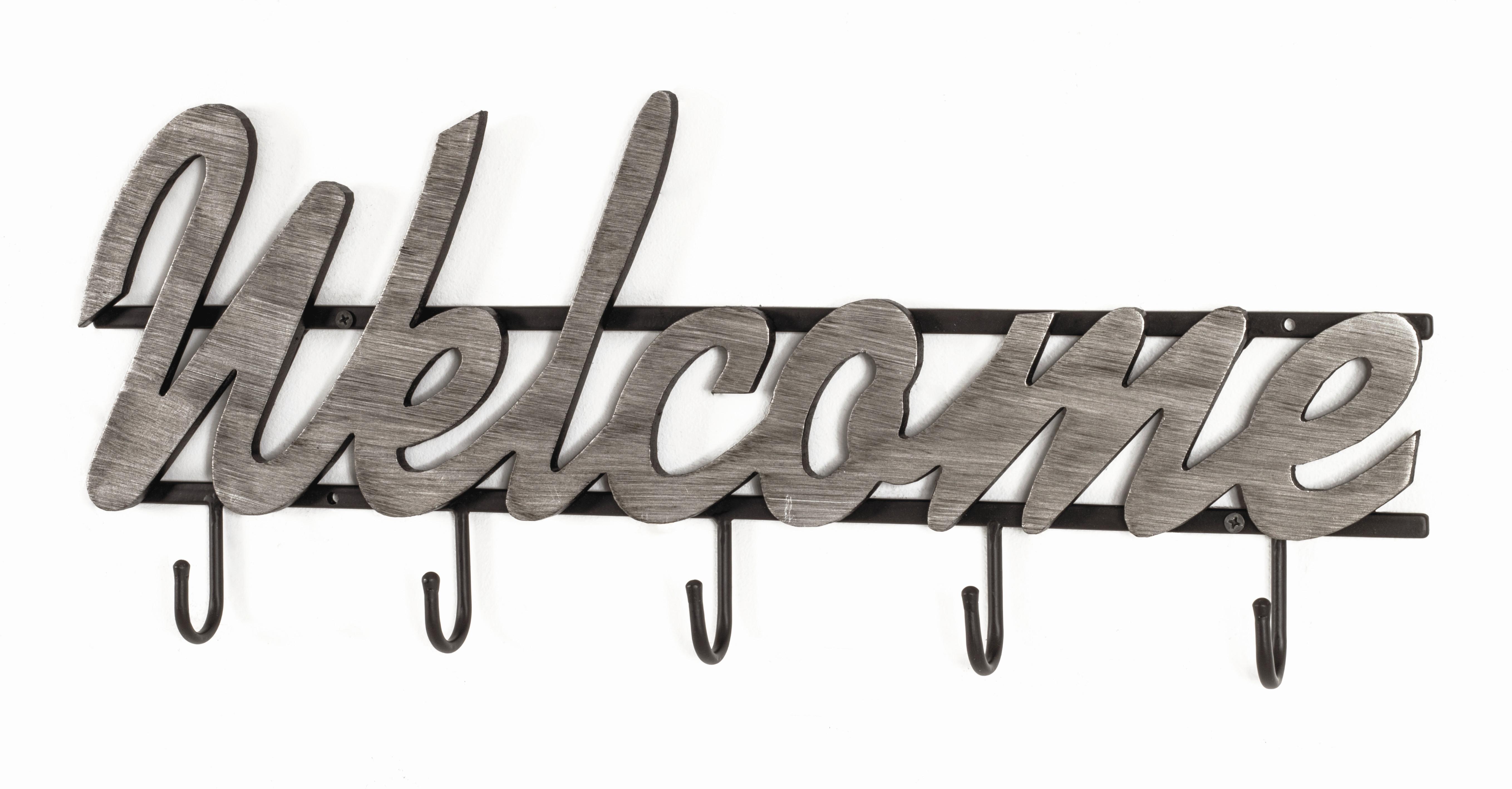 Cuier perete cu cârlige Welcome - argintiu/negru, Modern, metal/material pe bază de lemn (60/22/4cm) - Modern Living