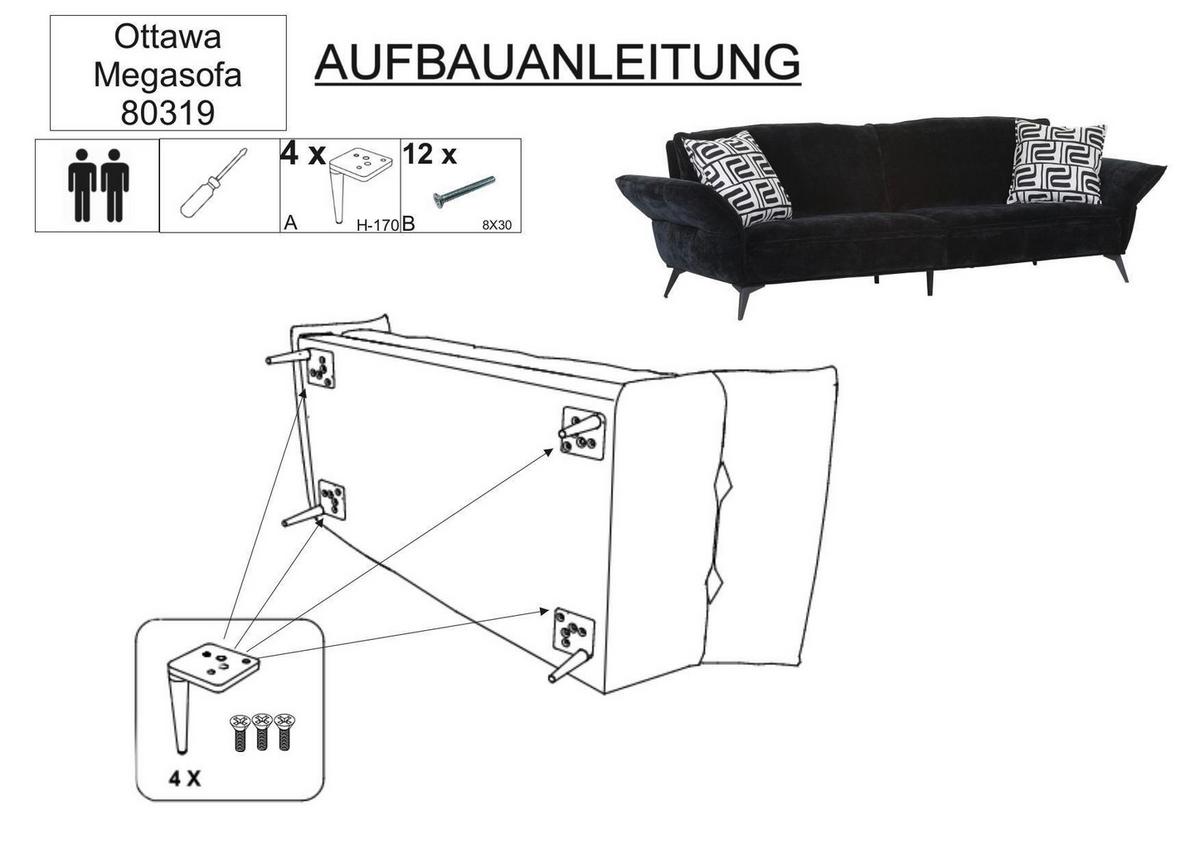 Megasofa Ottawa Schwarz Armlehnfunktion, ohne Kissen - Schwarz, MODERN, Textil/Metall (272/87/107cm) - Premium Living