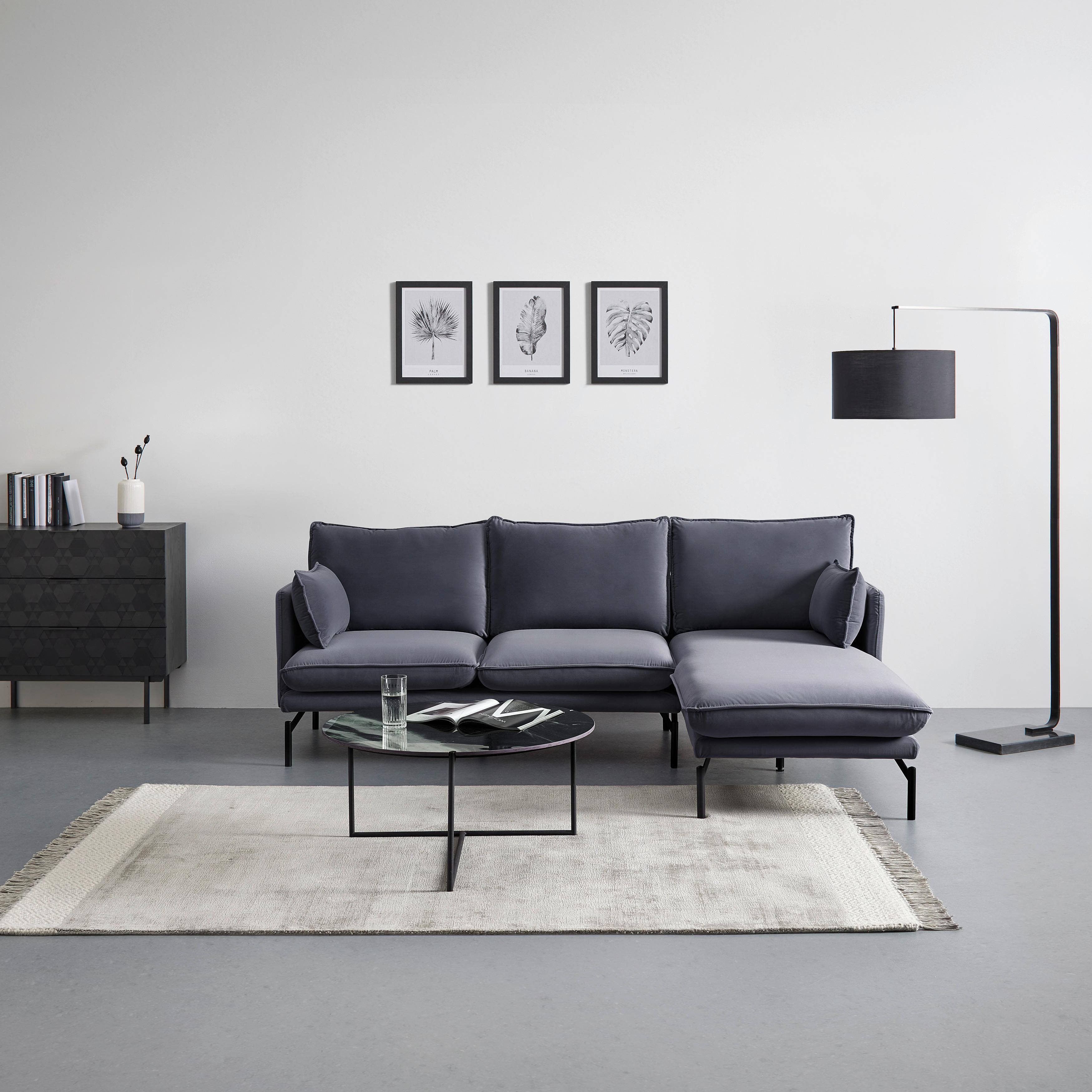 Wohnlandschaft Rosa Grau Samt - Schwarz/Grau, MODERN, Textil/Metall (226/84/163cm) - Bessagi Home