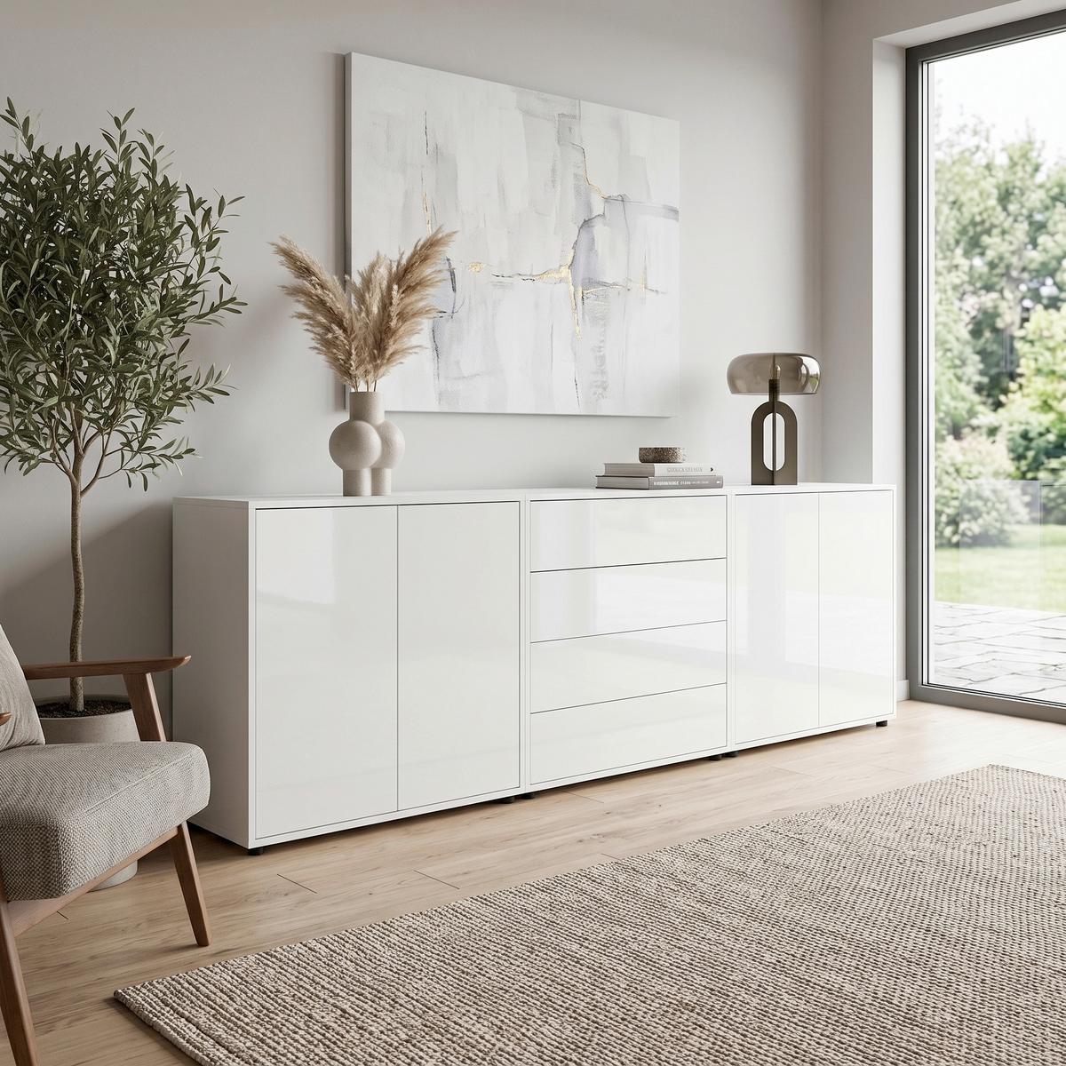 Sideboard Mailand Set 5 Weiß - Weiß Hochglanz/Schwarz, MODERN, Holzwerkstoff/Kunststoff (237/73/33cm) - MID.YOU