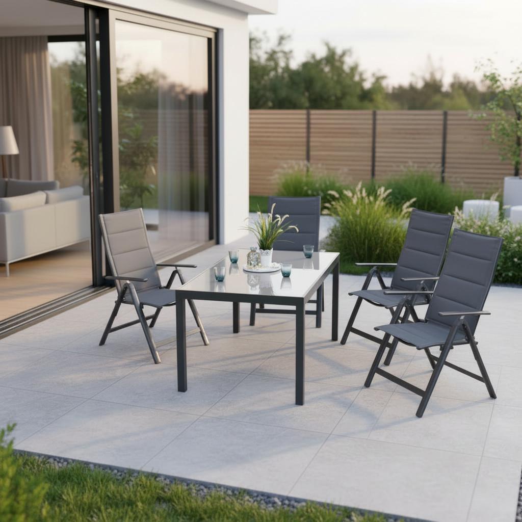 Gartengarnitur 5-tlg. Taviano Metall/Textil/Glas - Graphitfarben/Grau, ROMANTIK / LANDHAUS, Glas/Textil - Gardenson