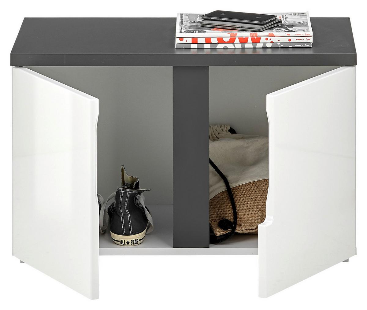 ŁAWKA Z PÓŁKĄ NA BUTY BOSTON - biały wysoki połysk/antracytowy, Design, materiał drewnopochodny/tworzywo sztuczne (70/44/38cm) - MID.YOU