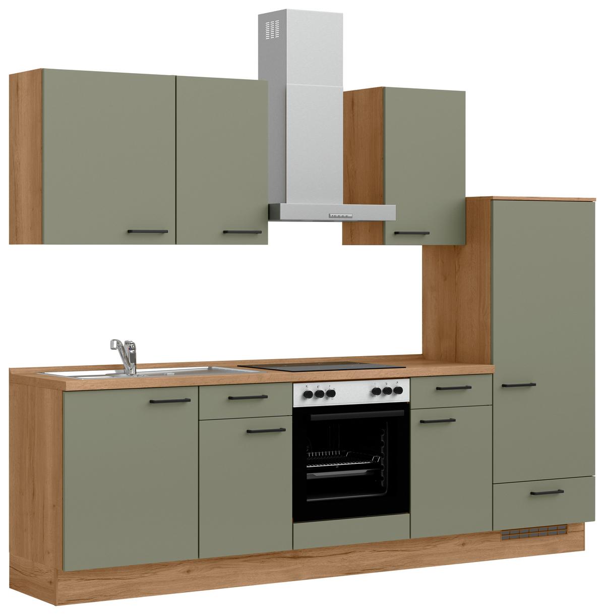 Küchenleerblock Senso Low o. Geräte Olivgrün - Eichefarben/Schwarz, MODERN, Holzwerkstoff/Metall (270cm) - Nobilia
