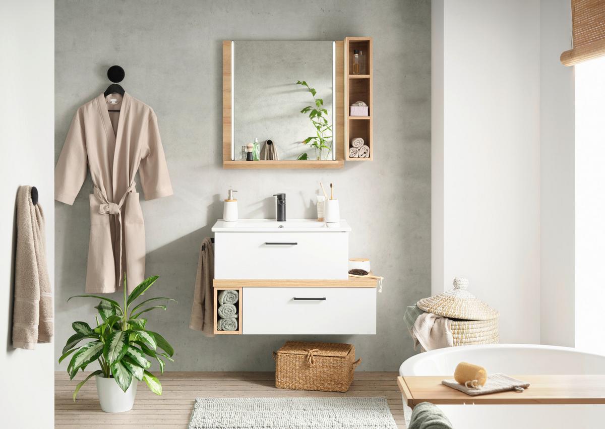 Badezimmer in Weiß inkl. Beleuchtung - Eichefarben/Weiß, MODERN, Keramik/Holzwerkstoff (88cm) - Pelipal