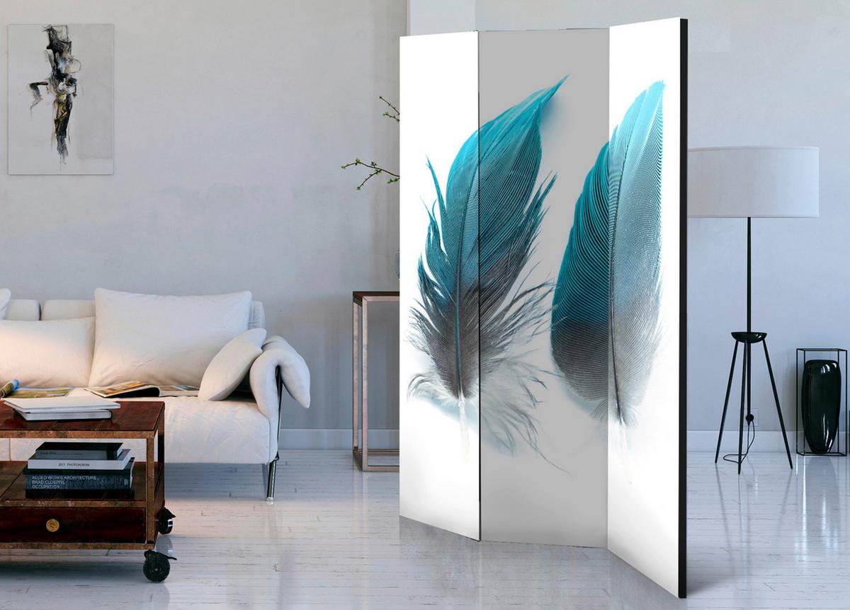 Paravan Blue Feathers, Dvostranski, 3-Delni - svetlo modra/bela, Basics, tekstil/les (135/172cm) - artgeist