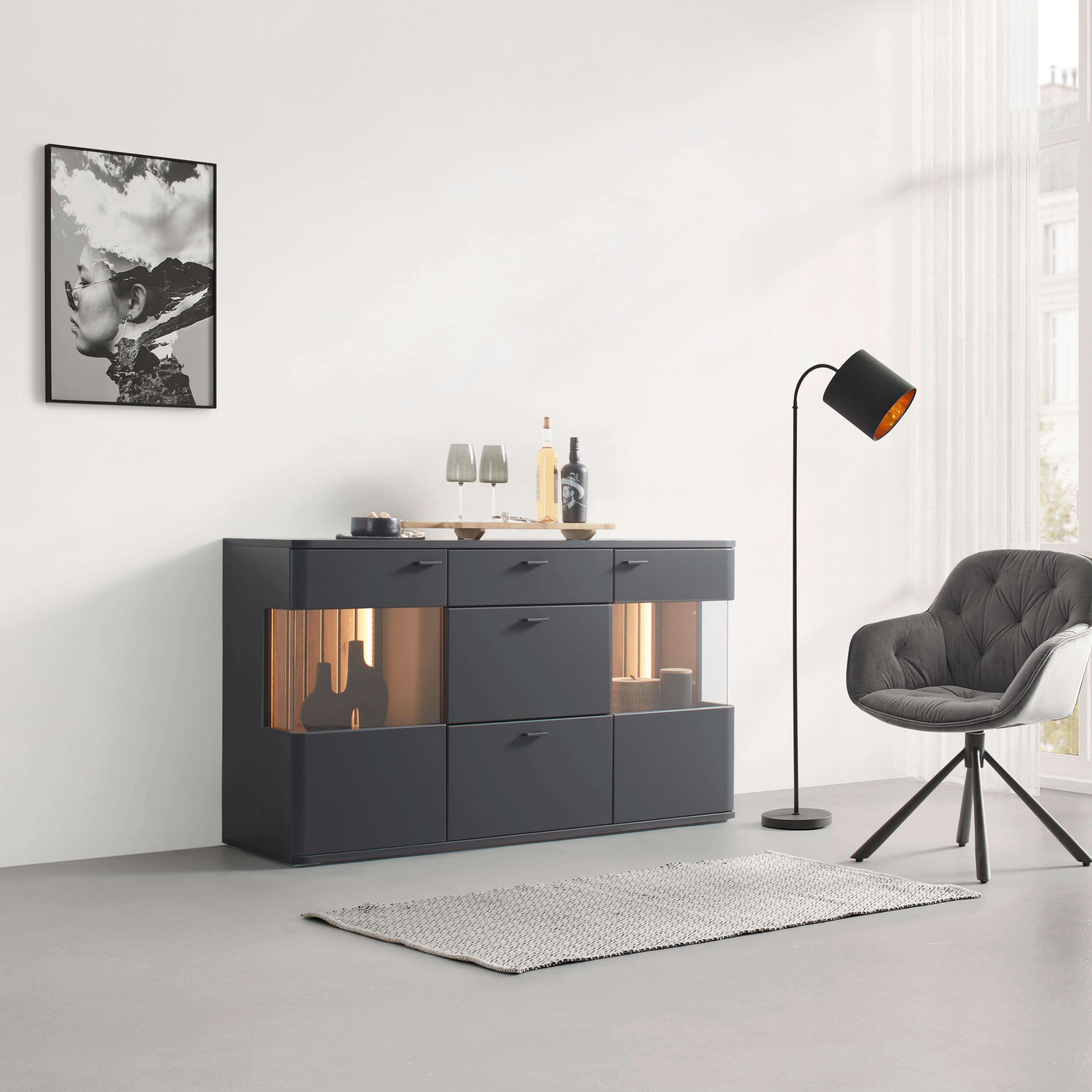 Sideboard Carreto Schwarz/Eichefarben - Eichefarben/Anthrazit, MODERN, Glas/Holzwerkstoff (160/90/44cm) - Premium Living