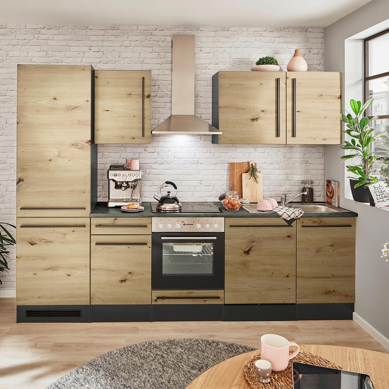 Küchenblock Jazz mit Geräten ca.280cm Eiche/Anthrazit - Anthrazit/Schwarz, LIFESTYLE, Holzwerkstoff/Kunststoff (280cm) - P & B