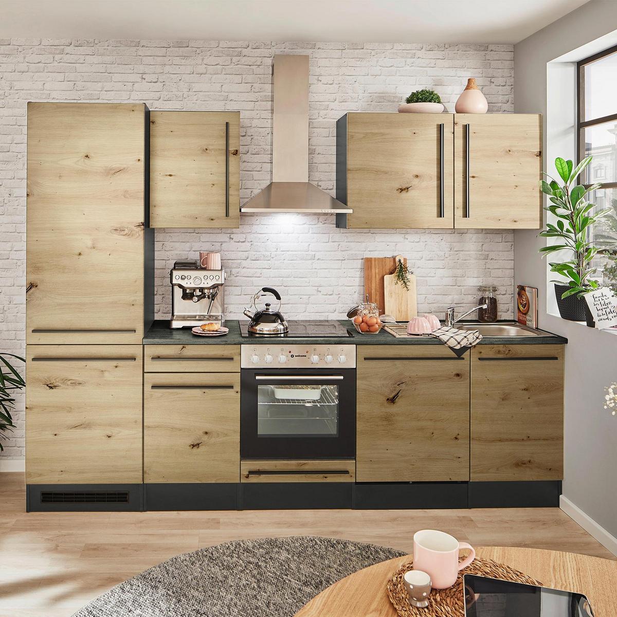 Küchenblock Jazz mit Geräten ca.280cm Eiche/Anthrazit - Anthrazit/Schwarz, LIFESTYLE, Holzwerkstoff/Kunststoff (280cm) - P & B