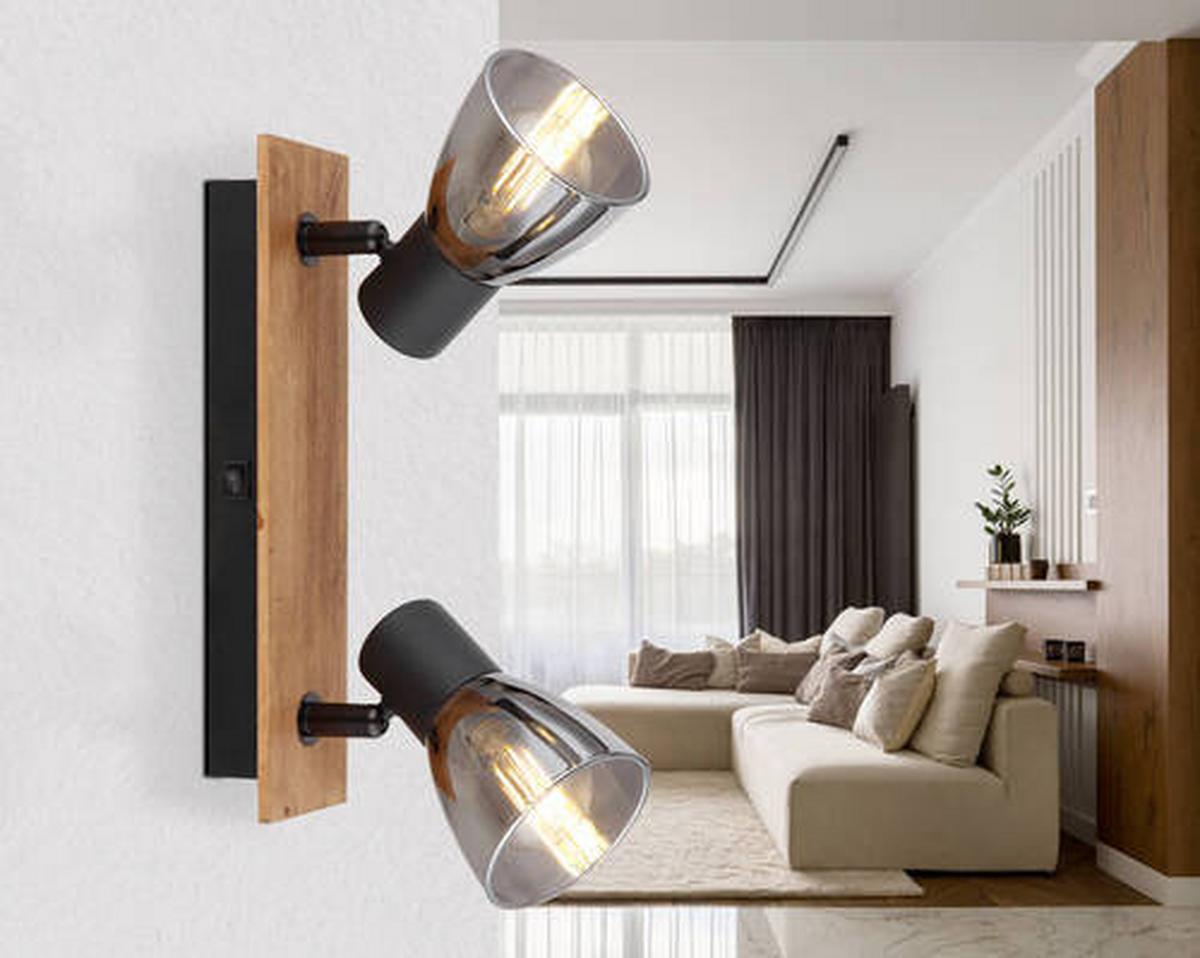 Strahler Claude in Schwarz max. 40 Watt - Dunkelbraun/Schwarz, Natur, Glas/Holz (25/7/15,5cm) - Globo