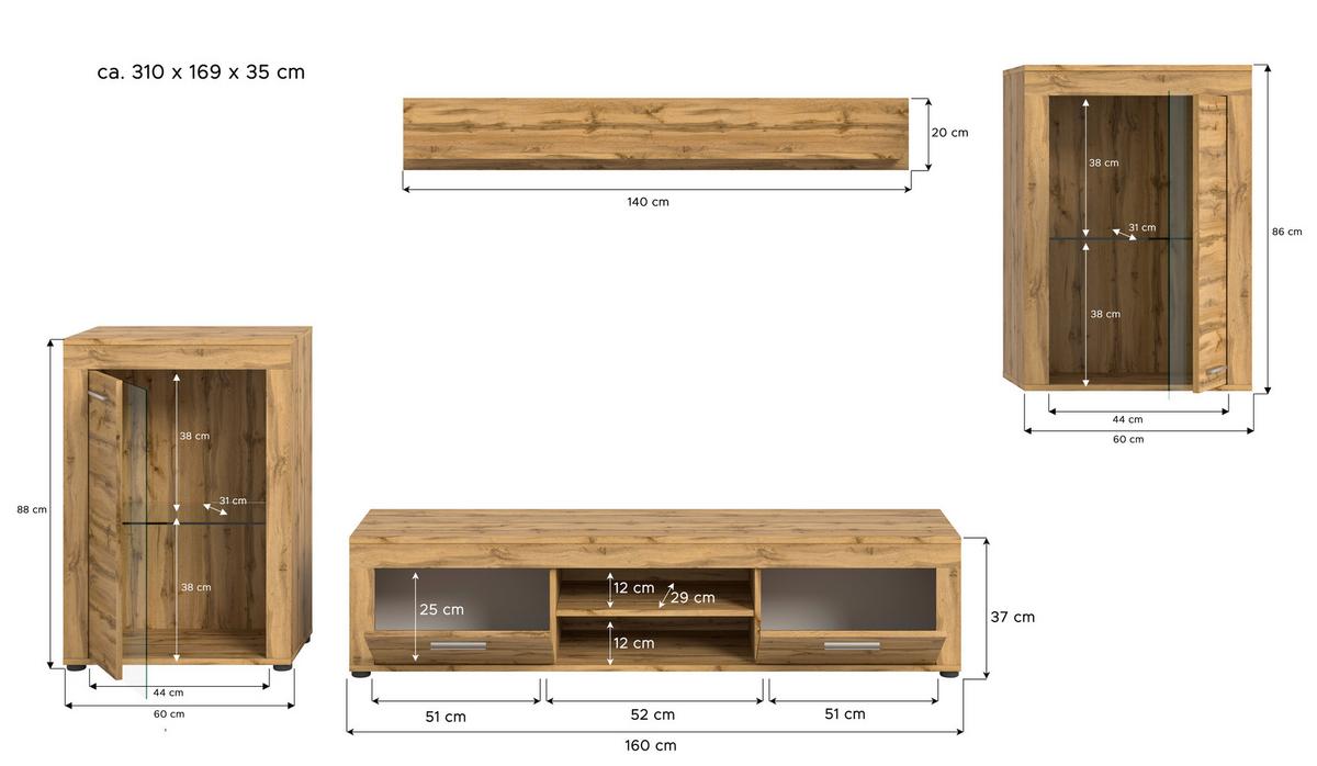ANSAMBLU MOBILIER CAMERA DE Z JAM - stejar Wotan, Design, sticlă/material pe bază de lemn (310/169/35cm) - Modern Living