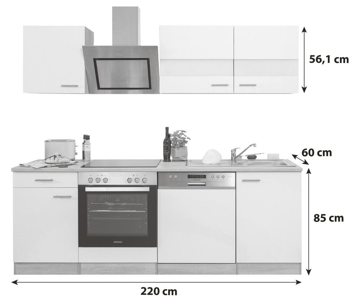 Kuhinjski Blok Z Aparati Merle, Barva Hrasta, Bela - barve nerjavečega jekla/barve hrasta, Basics, kovina/leseni material (220cm) - Respekta